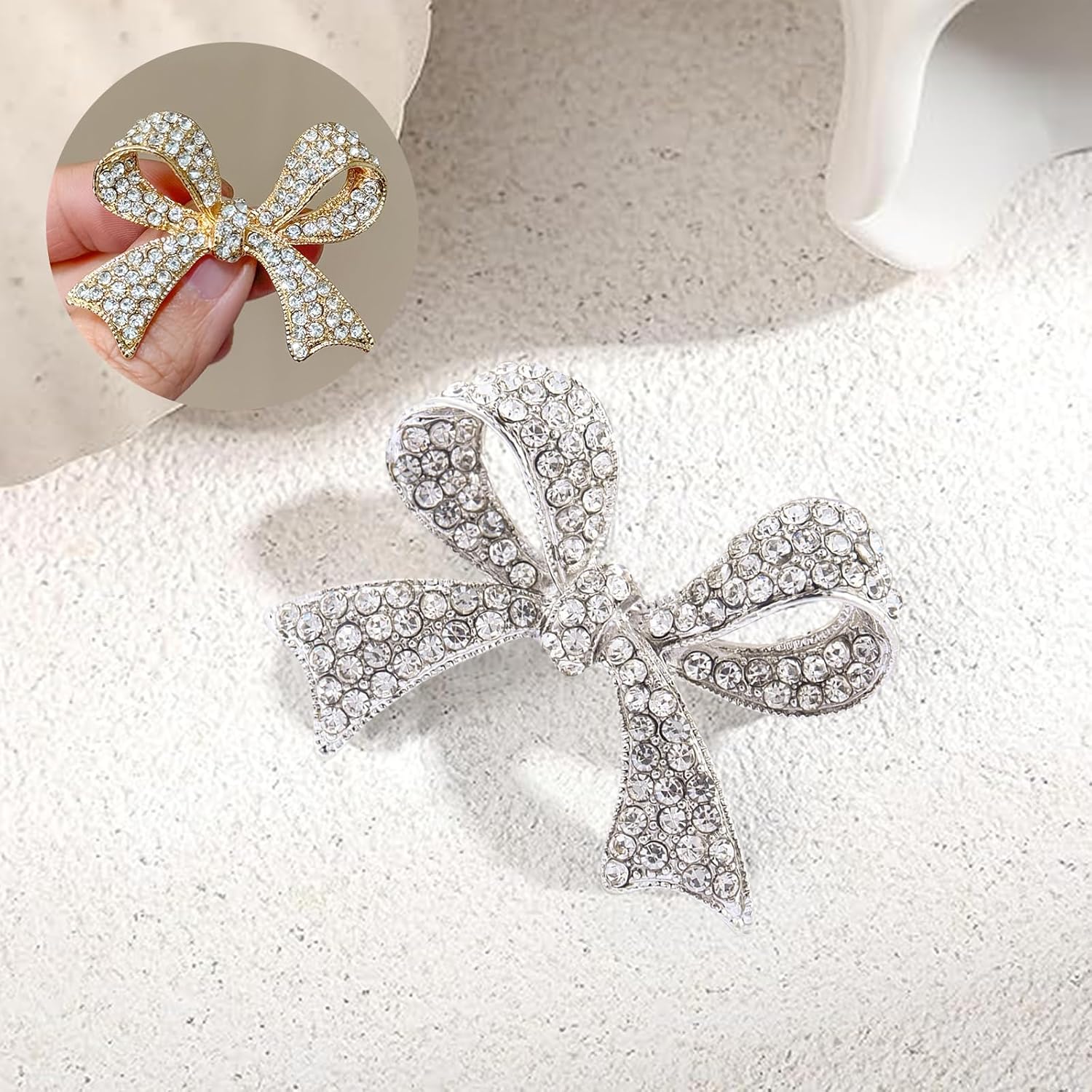 Vintage Elegant Crystal Bow Brooch Pin, Sparkly Rhinestones Bow Knot Brooches Pins, Crystal Ribbon Bows Pearl Lapel Pins Suit Dress Accessories for Women Girls, Party Engagement Wedding Jewelry Gifts - Image 4