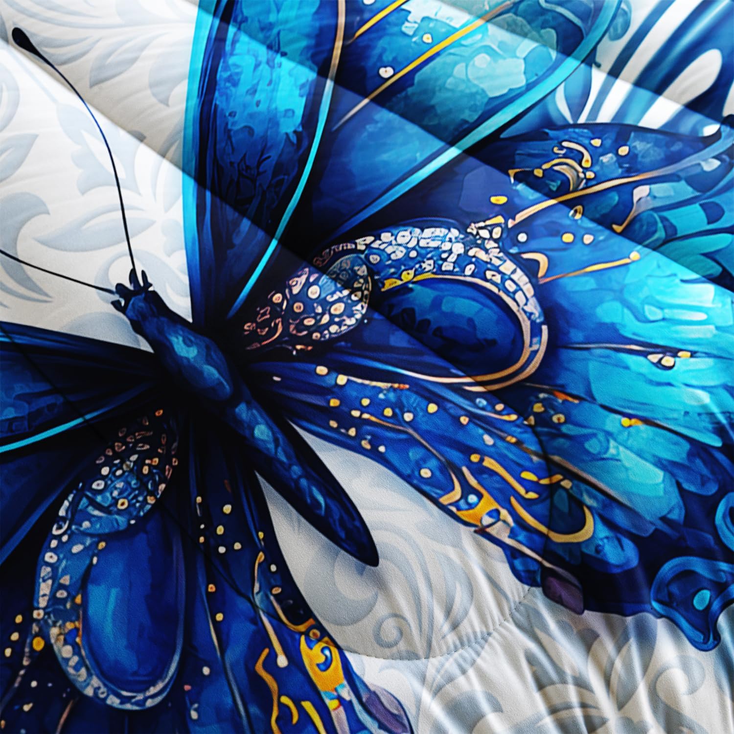 AILONEN Beautiful Blue Butterfly Comforter Set Twin Size, Vintage Blue Flower Bedding Set for Kids Girls,Fly Butterflies Bed in a Bag All Season 3Pcs(1 Comforter + 2 Pillowcases)