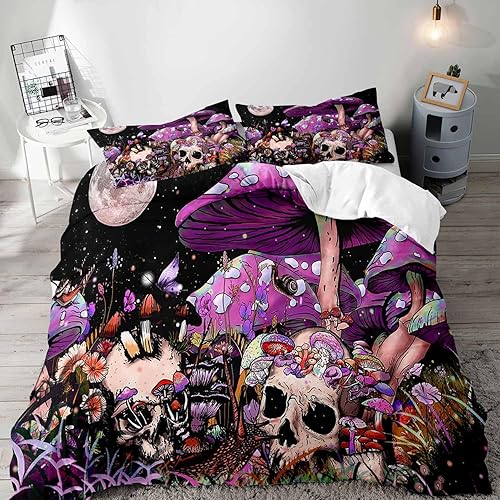LUVIVIHOME Juego de 3 piezas de ropa de cama de hongos, funda de edredón de calavera de azúcar, ropa de cama púrpura, funda de edredón de hongos