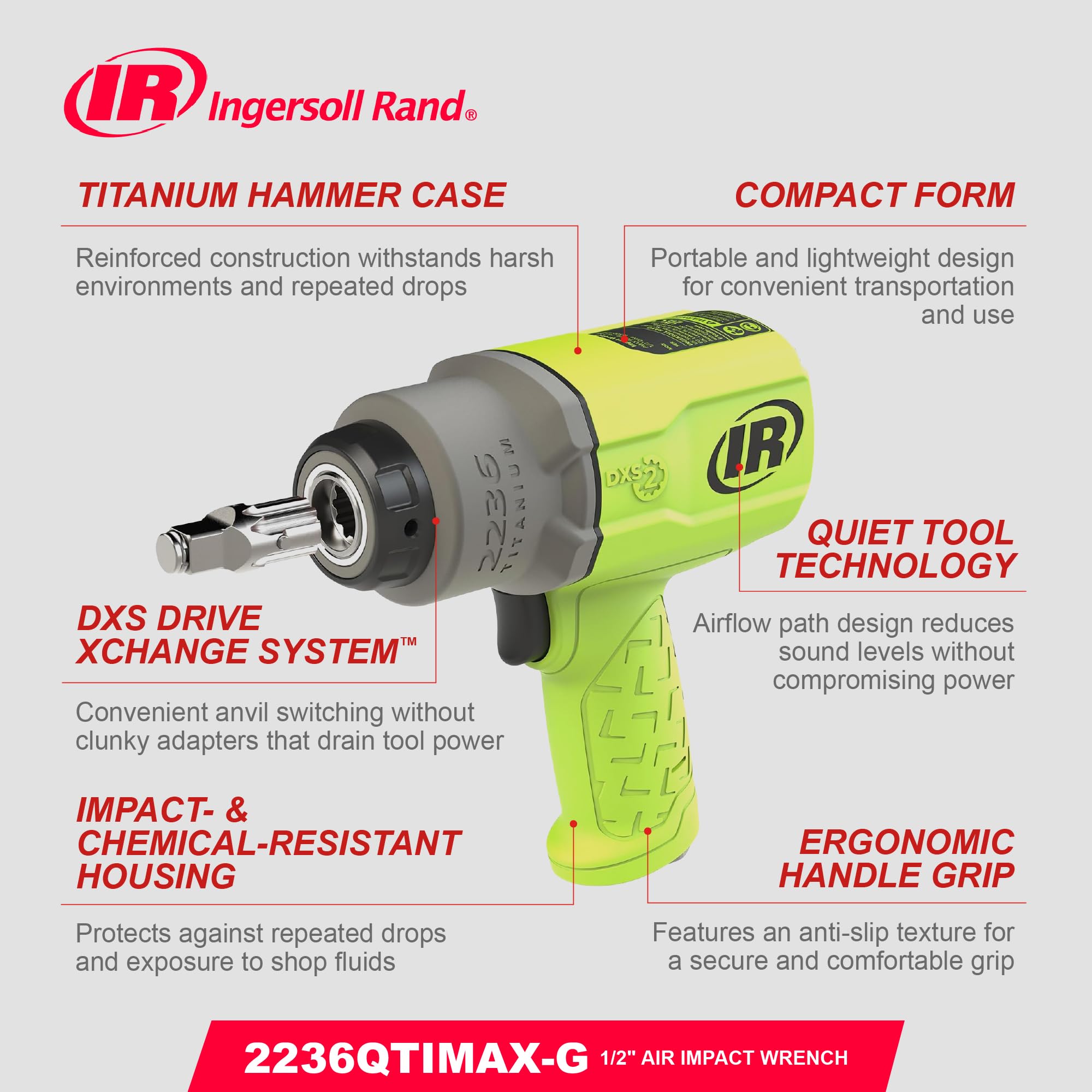 Ingersoll Rand 2236QTIMAX-G DXS2 Klucz Udarowy Pneumatyczny, Cichy, 2033 Nm, Tytanowa Obudowa, Pierścień, Zielony