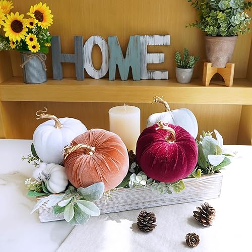 Vista 21 de Winlyn 4 calabazas de terciopelo de cosecha sintética surtidas, calabazas de tela decorativa, calabazas de espuma en naranja óxido y blanco de 5