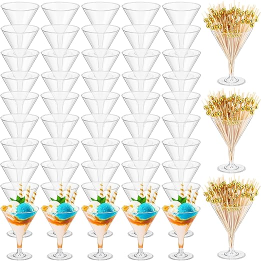 100 Pcs Clear Plastic Martini Glasses and Gold Pearl