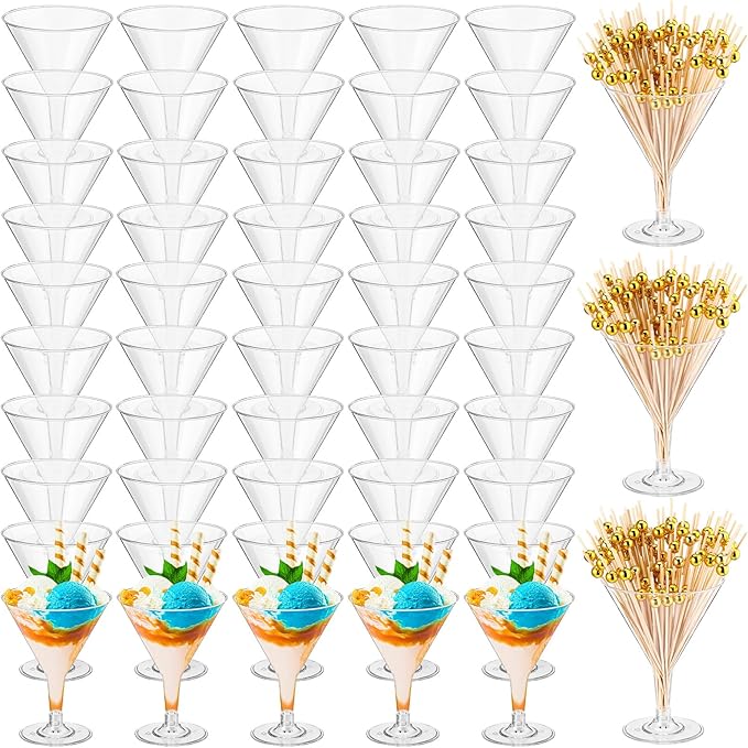 100 Pcs Clear Plastic Martini Glasses and Gold Pearl