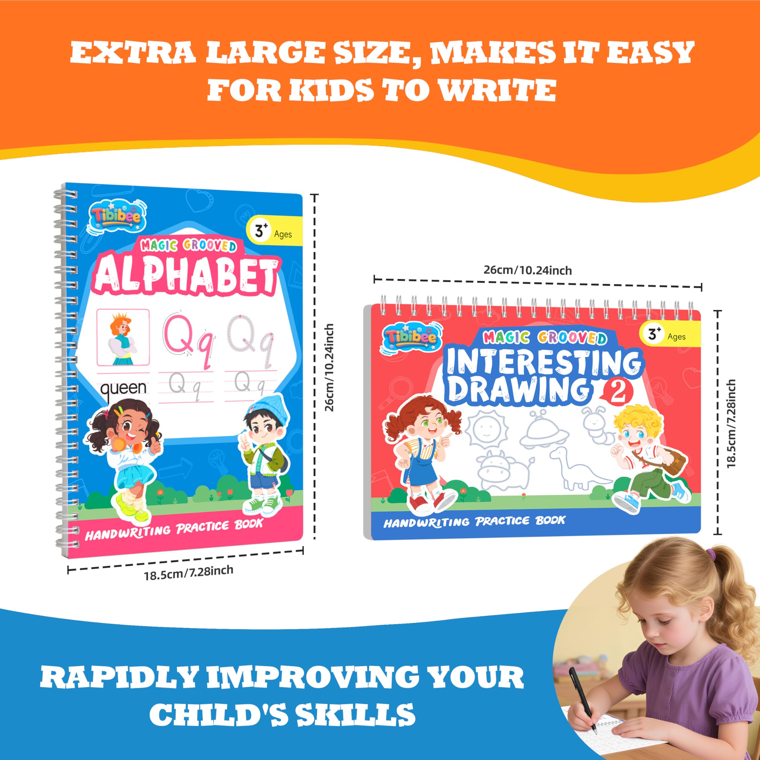 Magic Grooved Práctica de escritura para niños de 3 a 8 años, libros de trabajo reutilizables de escritura a mano con ranuras profundas - letras, números, matemáticas y dibujo, bolígrafos y