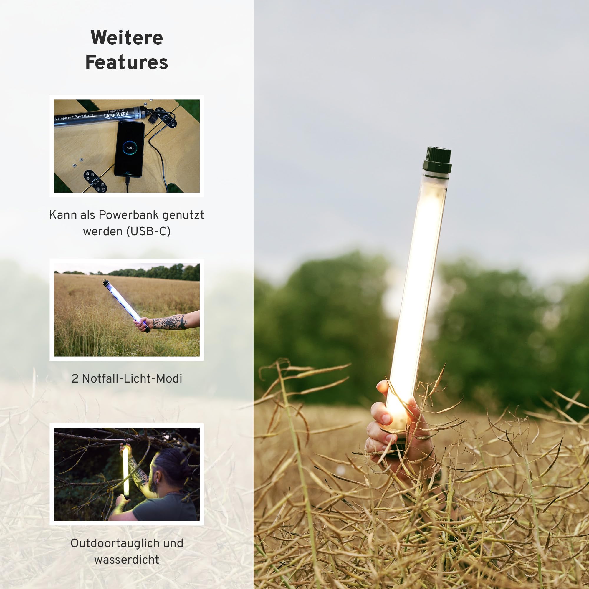 CAMPWERK LED-Camping-Lampe RGB mit Powerbank IP68, Outdoorlampe, multifunktionale Campinglampe, Aufladbar, Helles Licht