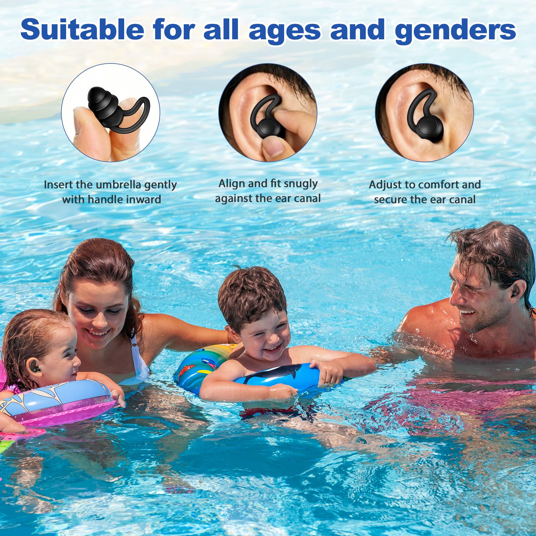 Tappi per le orecchie per adulti e bambini, 3 paia di tappi per le orecchie riutilizzabili in morbido silicone, perfetti per surf, immersioni, piscina, doccia e altri sport acquatici