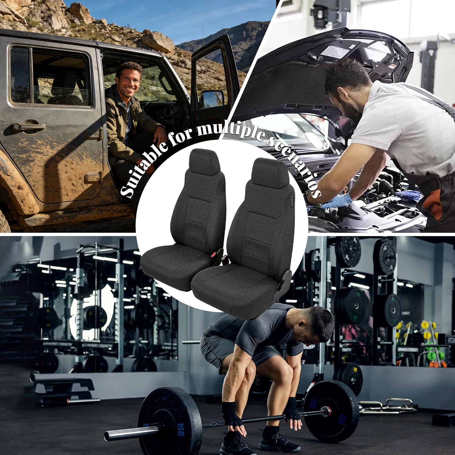 Front Knitted Mesh Composite Cloth Seat Covers for Jeep Wrangler TJ (2003-2006) & for Jeep Wrangler Unlimited (2004-2006) Easy to Clean - Black