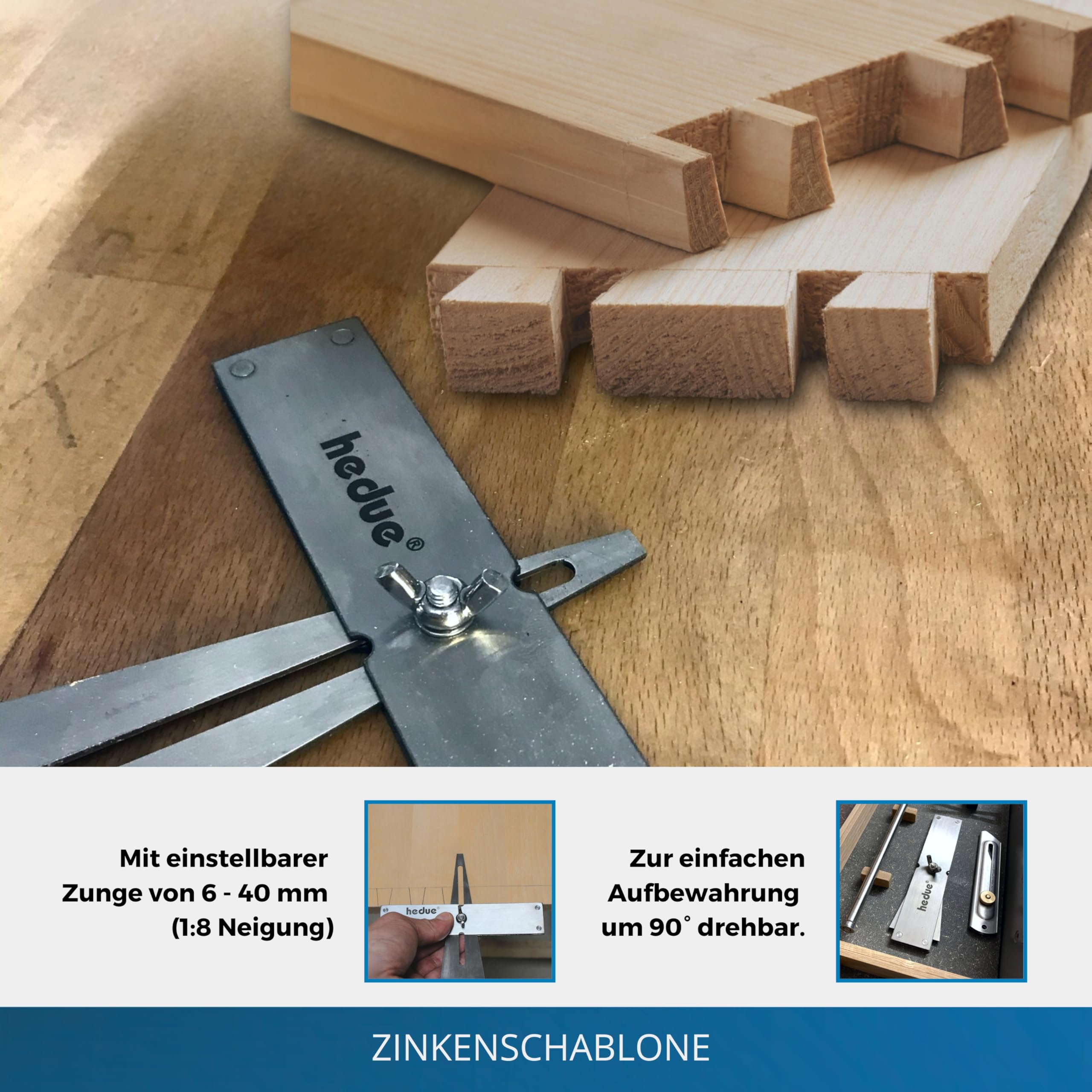 Zinkenschablone S200 - Schmiege für Schwalbenschwanz - und Zinkenverbindungen, Schwalbenschwanz Schablone mit einstellbarer Zunge von 6-40 mm (1:8 Neigung)