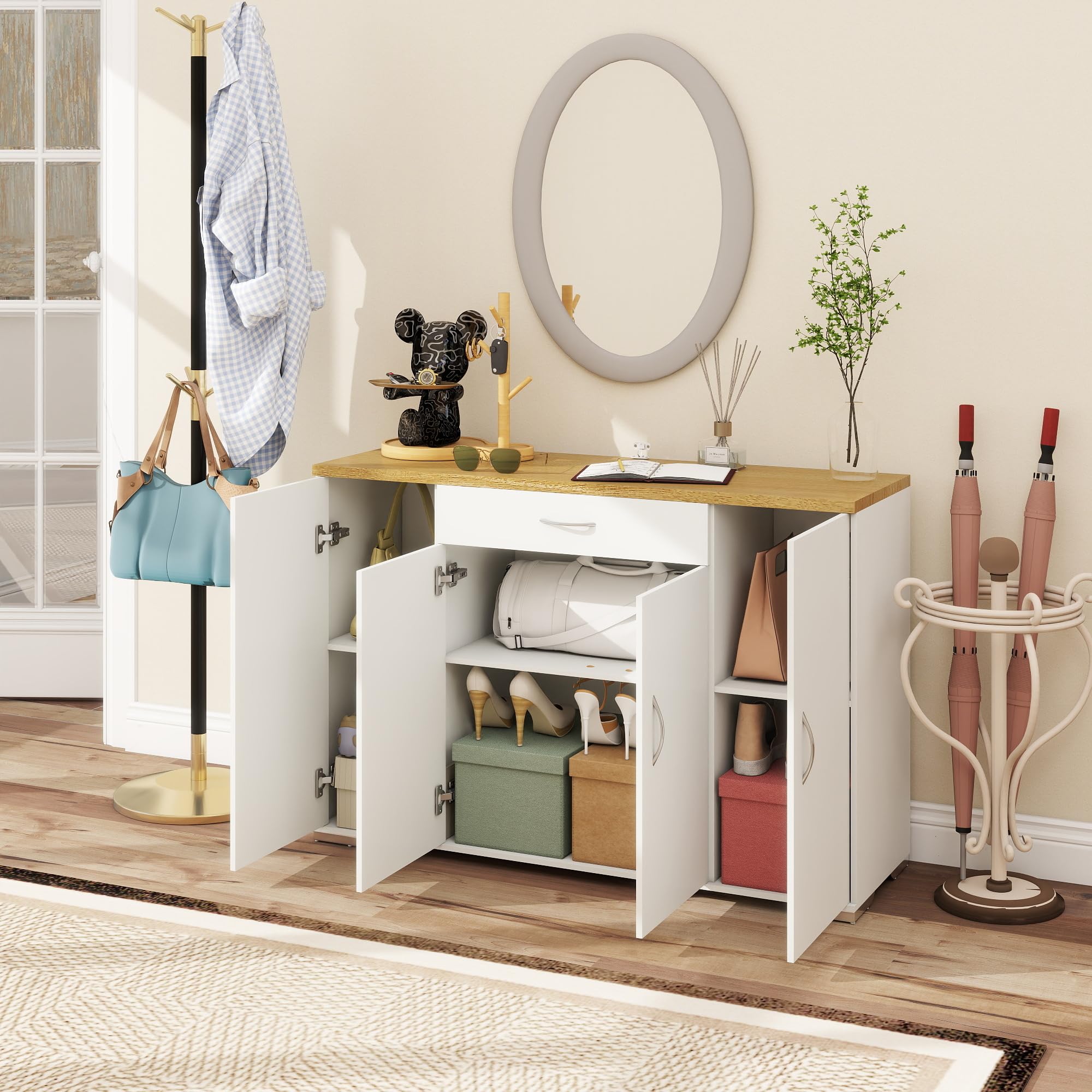 Credenza Cucina Moderna 110×30×70 cm, Mobile Cucina Salvaspazio con 1 Cassetto e 4 Ante, Madia Cucina Antiribaltamento, Legno MDF, Bianca