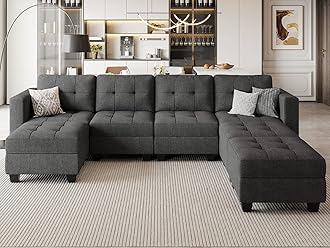 Belffin Modular Storage U-Shape Sectional Sofa Couch with Reversible Chaises 7-seat Sofa with Storage Seat Modular Sectional Sofa Set with Ottomans Modern Fabric Dark Grey