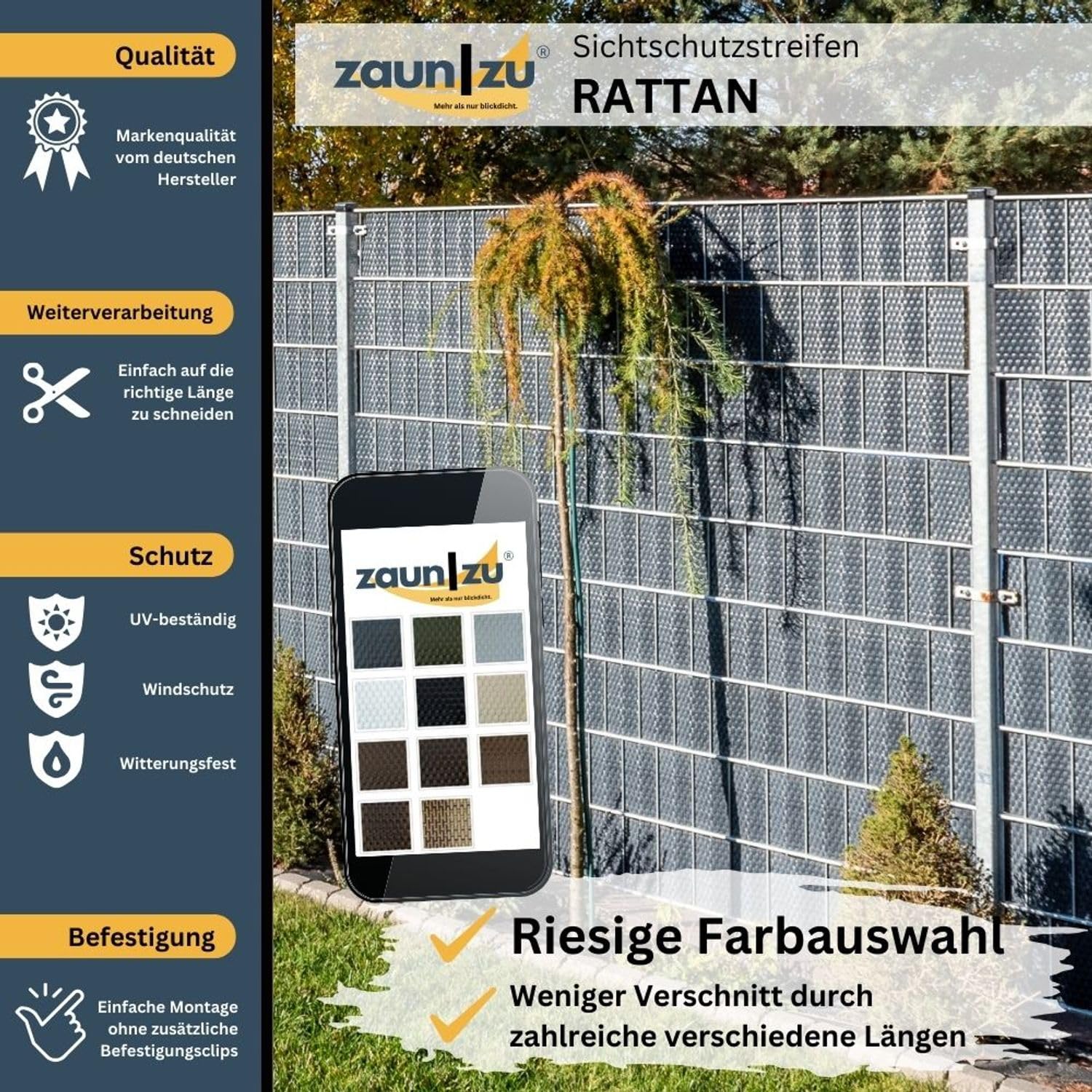 Rattan 10x Einzelstreifen 2,55 Meter x 19cm | Sichtschutzstreifen PE für Doppelstabmatten Sichtschutz | Zaunblende Made in Germany Stroh 10x 2,55m