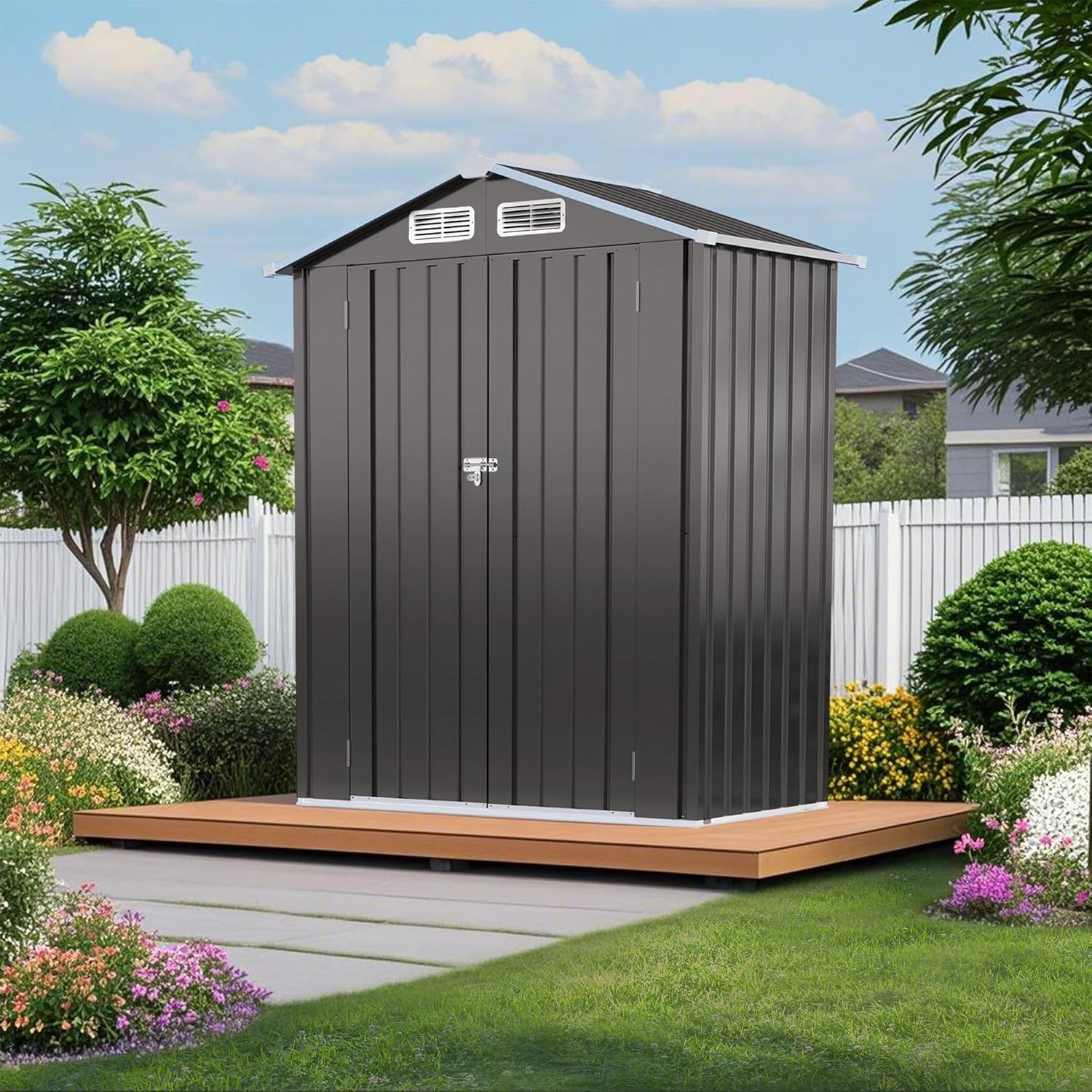 5x3 FT Outdoor Storage Shed, Small Metal Garden Shed with Lockable Hinged Doors, Outside Tool Sheds with Sloped Roof & 4 Air Vents, Waterproof Storage Building for Backyard, Patio, Lawn, Gray