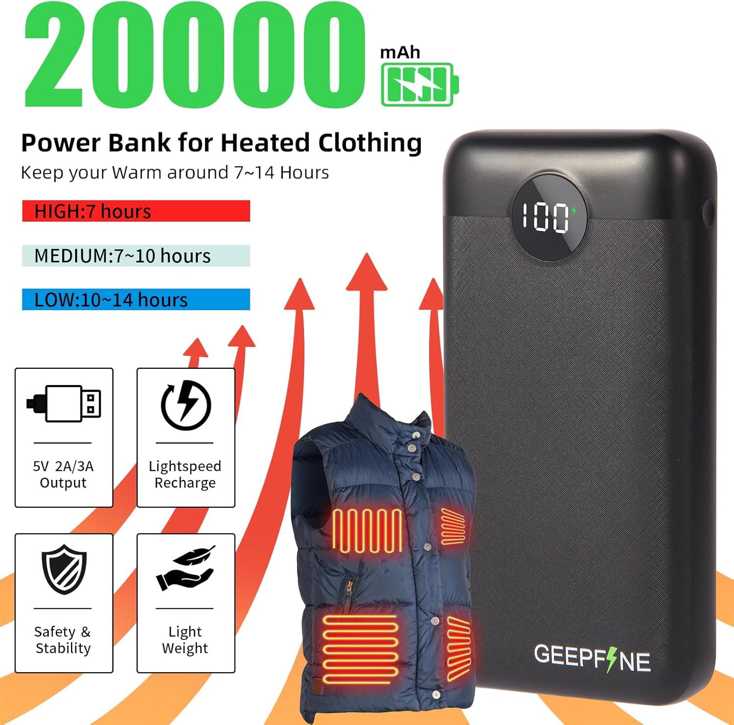 5V 2A/3A Power Bank Battery Pack for Heated Vest,20000mah Battery Pack for Heated Jacket Power Bank Specialized for Heated Clothing,Fast Charging Portable Charger for Phones. - Image 5