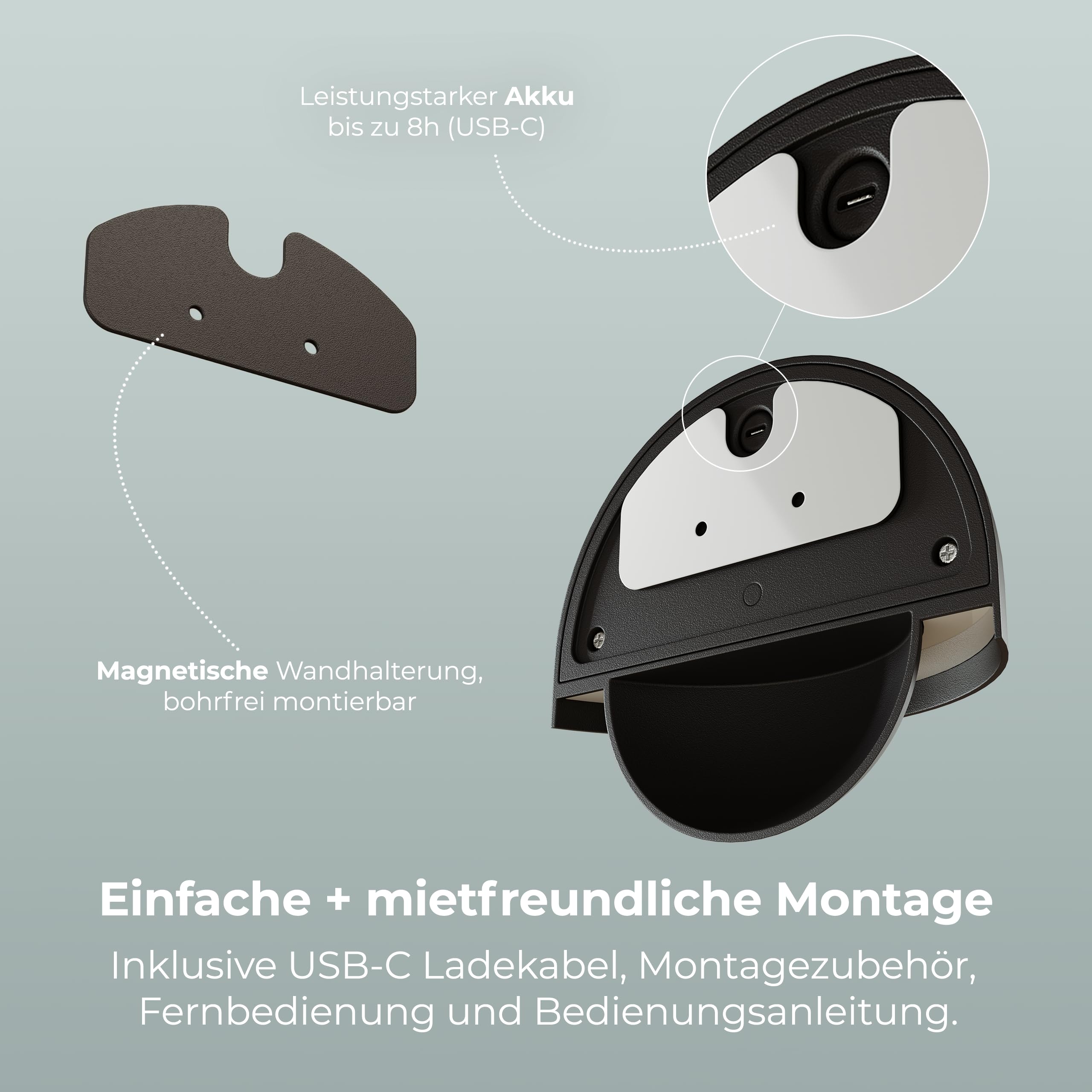 NEONA ORION – Kabellose LED-Akku-Wandleuchte, magnetisch montierbar, dimmbar mit Touch & Fernbedienung, Bewegungssensor, USB-C Ladefunktion – Weiß oder Schwarz, Warmweiß 2700K