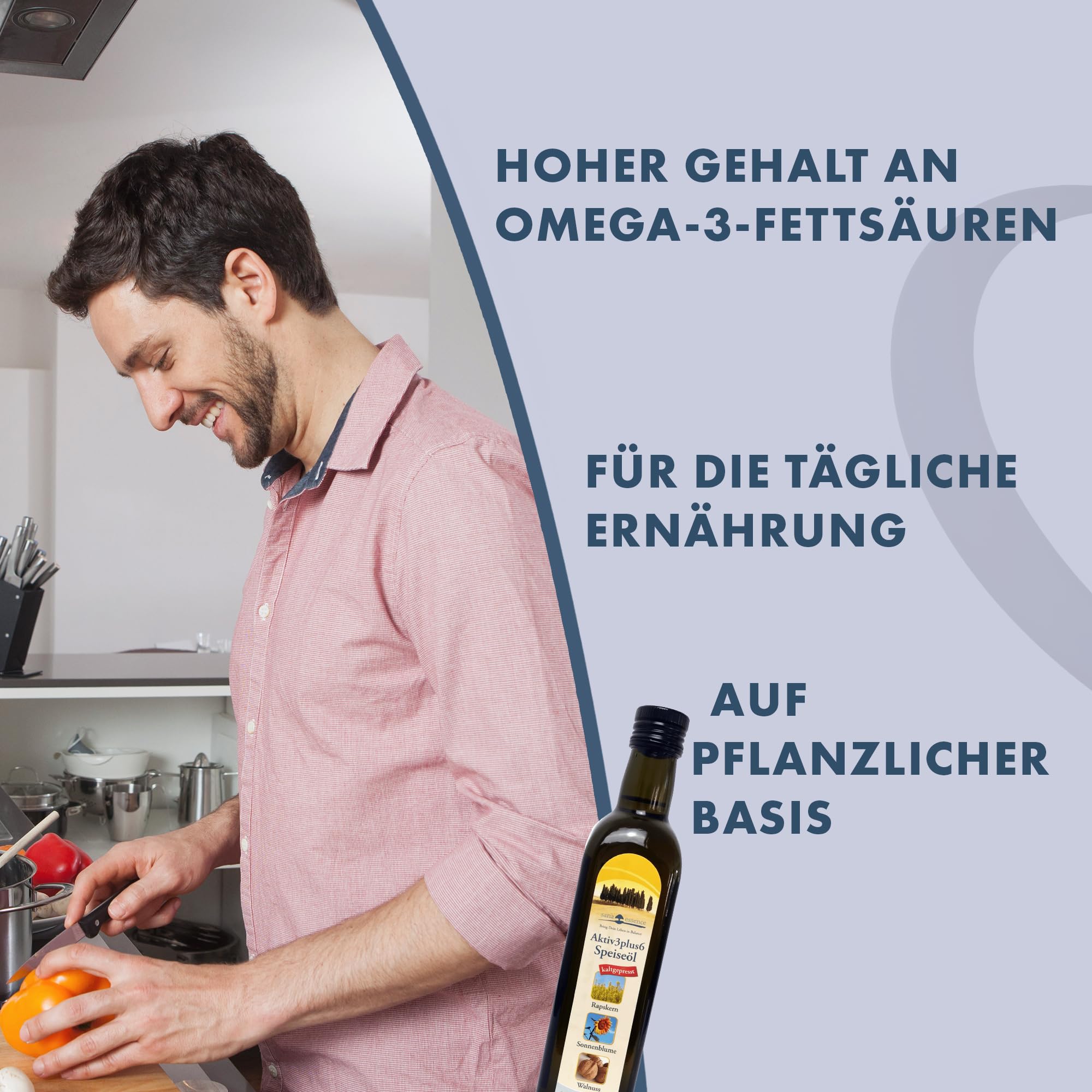 Sana Essence Bio Aktiv 3+6 Speiseöl | kaltgepresstes Pflanzenöl mit Omega-3 & Omega-6 | Raps-, Sonnenblumen- & Walnussöl | ideal für Salate & Rohkost 6 x 500ml