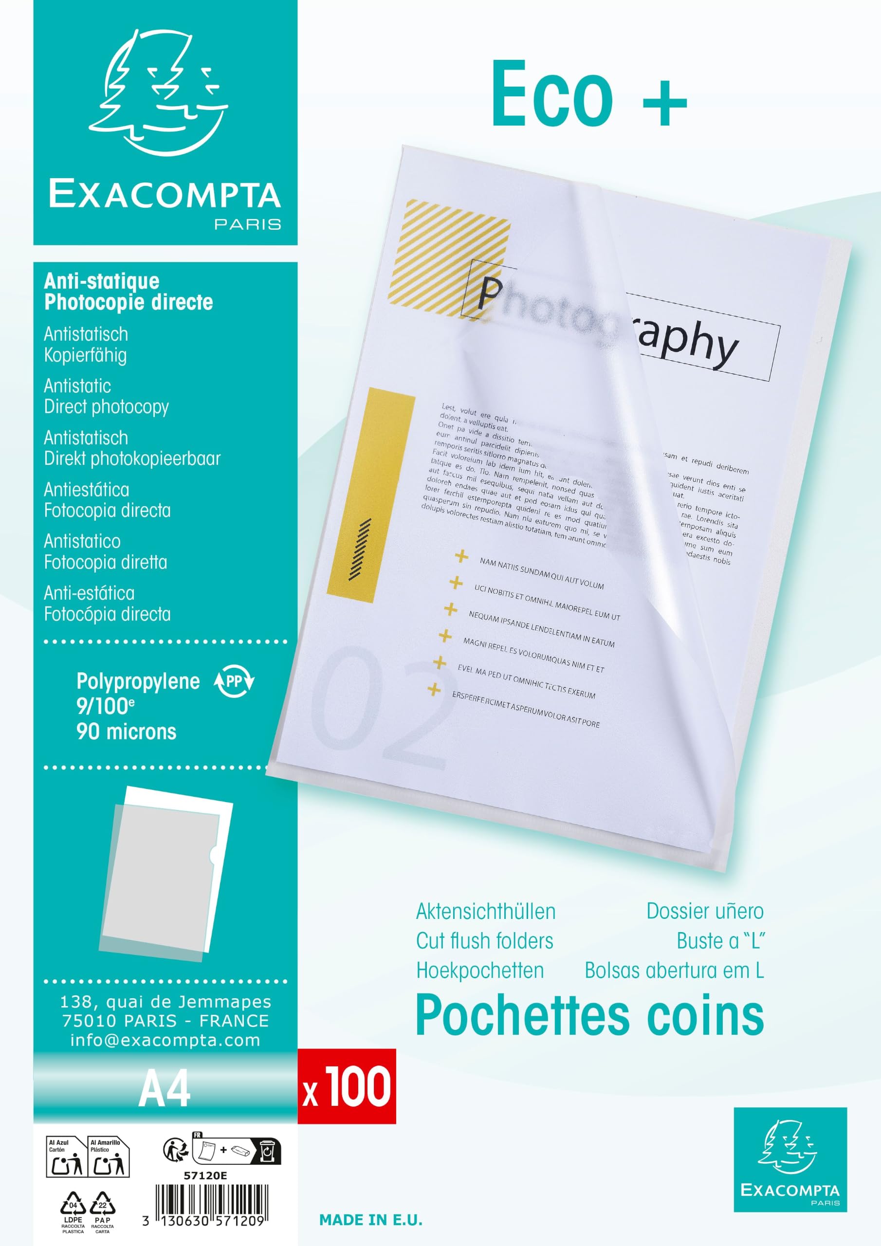 Exacompta - Rif. 57120E - Cartone da 1000 buste angolari in PP leggermente grana economica, dimensioni 22 x 31 cm, formato A4, colori cristallo