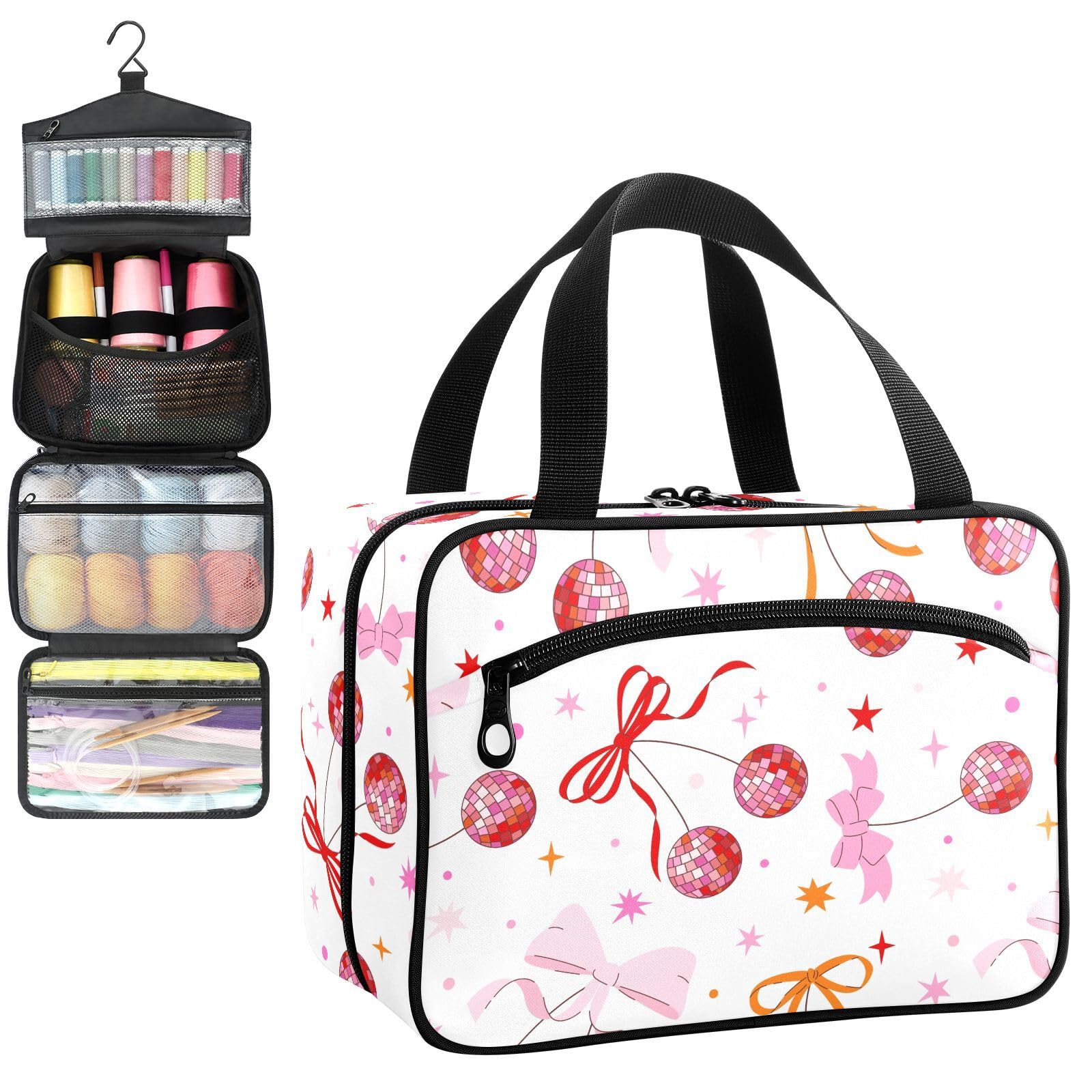 YNNALE Sewing Supply Organizer Bag, Pink Preppy Bowknot Cherry Disco Ball Bow Portable Sewing Bags with Pockets&Hanger, Sewing Storage Box Case for Sew Supplies/Kit/Tools/Accessories (BAG ONLY)