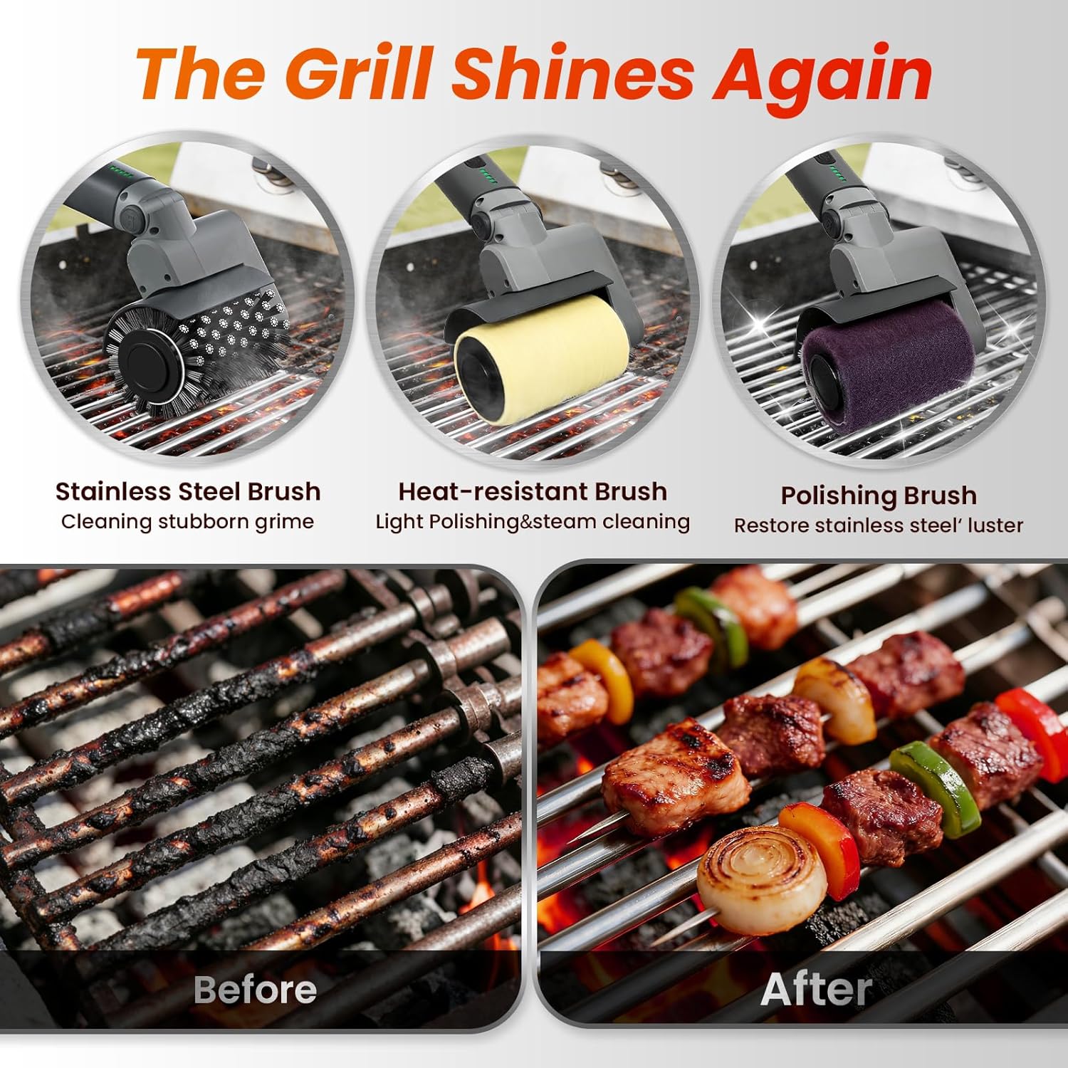 Electric Grill Brush for Outdoor Grill,3-in-1 Kit Cordless Rotary Grill Cleaner with 3-Speed Control&Angle Adjust,Safe for Cast Iron/Stainless-Steel Grates,Ideal BBQ Gifts for Men Dad