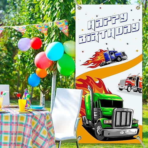 Miniatura 2 de Cartel de feliz cumpleaños de camiones resistentes, telón de fondo para cabina de fotos de camión grande, decoración de puerta delantera, decoración
