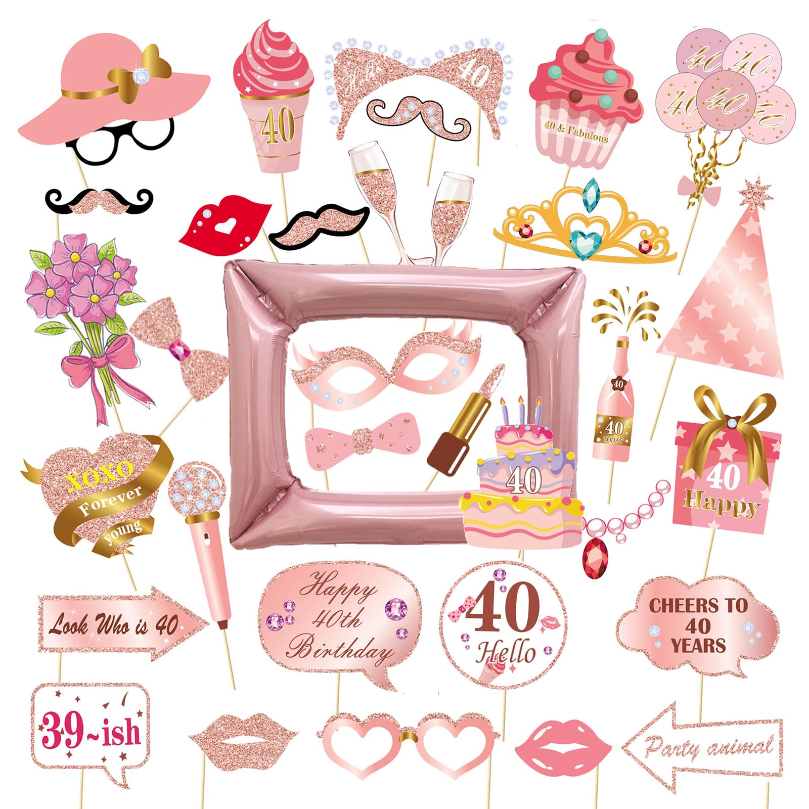 Veroa Women's Rose Gold 40Th 34 Pcs 40Th Birthday Party Photo Booth Props, Men Rose Gold Photo Booth Frame Suitable Holiday Party Supplies Theme Inflatable Photo Booth Frame