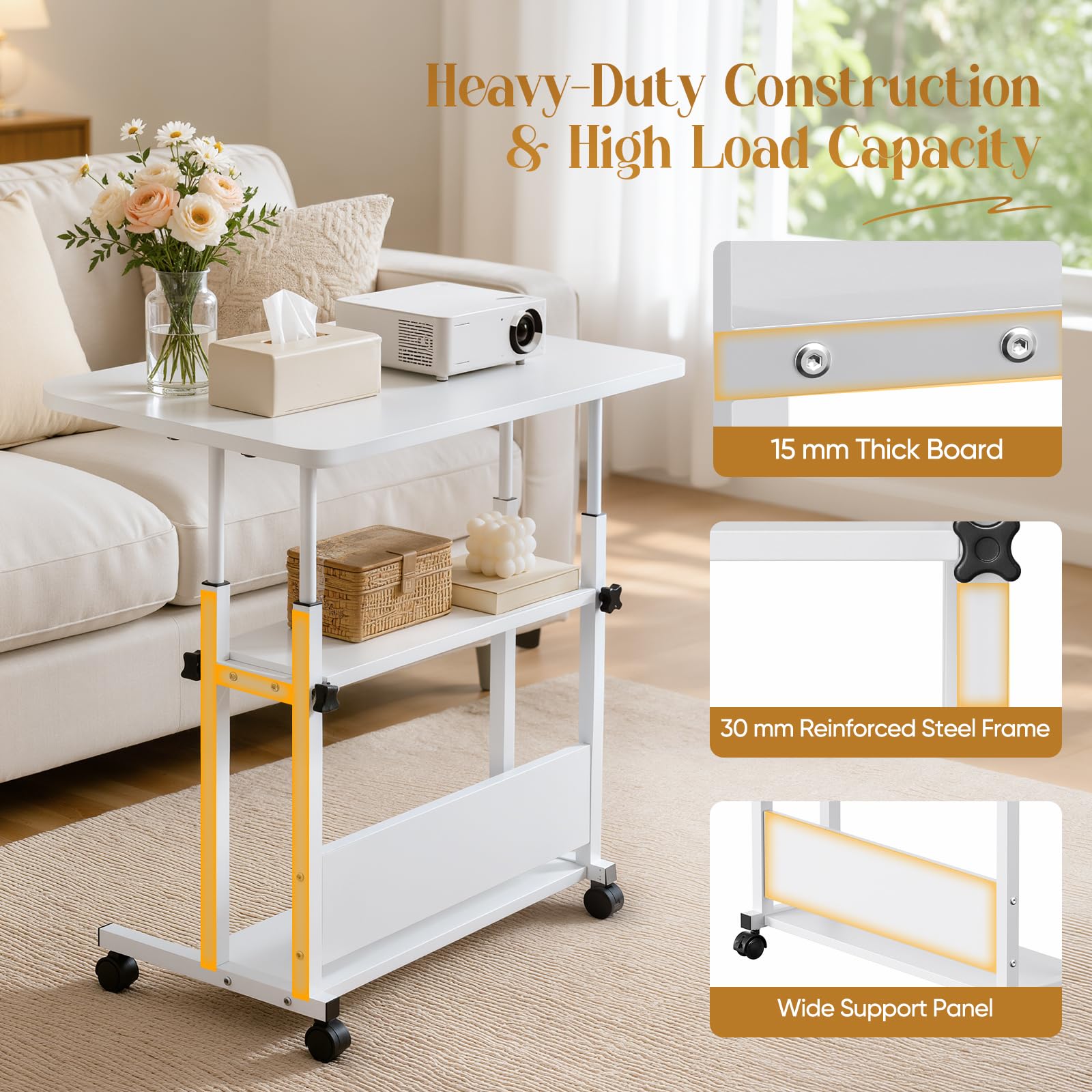 Table à roulettes réglable en hauteur à 3 niveaux, bureau d'ordinateur mobile avec roues verrouillables, cadre en acier en forme de H, réglable de 60 à 85 cm, plateau de table de 80 x 50 cm