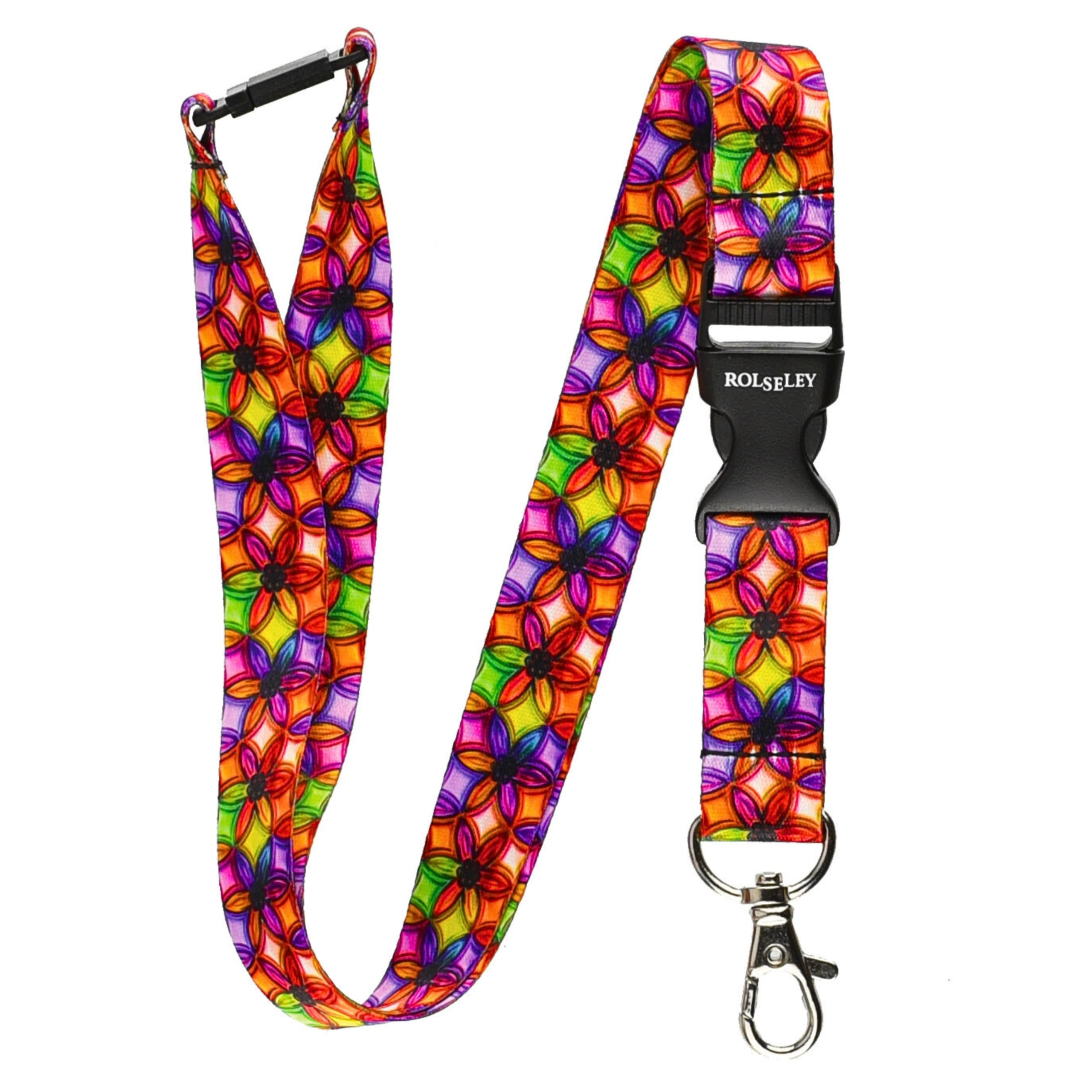 ROLSELEY Lanyard Neck Strap CRYSTAL FLOWER ABSTRACT Pattern With Metal Lobster Claw Clip And Safety Breakaway for ID and Passes for Everyday Use at Office, School, Events