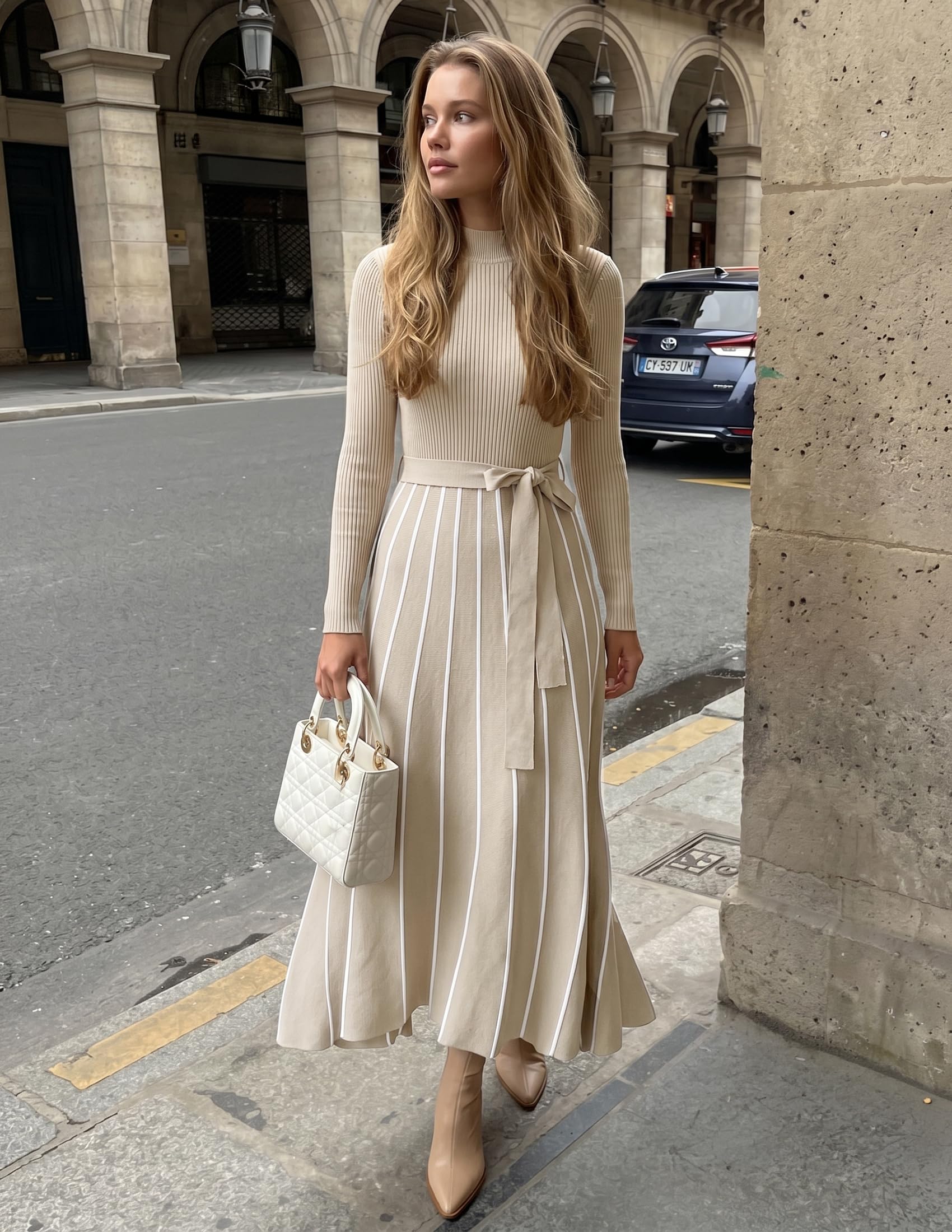 ZESICA Robe pull mi-longue à col roulé et manches longues pour femme avec ceinture nouée à la taille, décontractée, ample, en tricot côtelé, coupe trapèze, pour l'automne