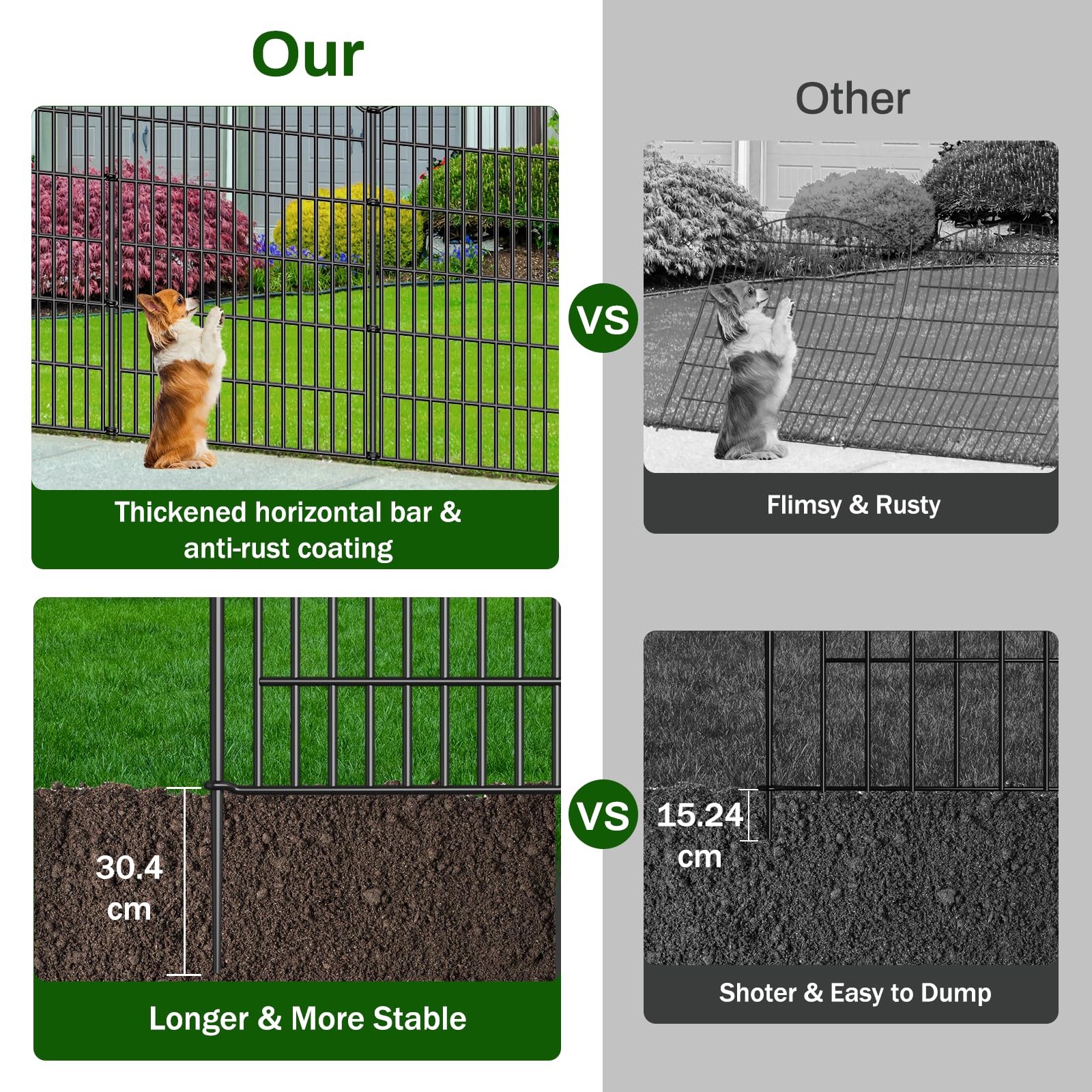 10 Panels Dekorative Gartenzaun Keine Grabenarbeit mit Tür – 102 cm (H) x 7,2 m (L), Hundezaun für Außenbereich im Garten, rostfreie Tierbarriere mit Bodenankern für Garten, Terrasse, Blumenbeet