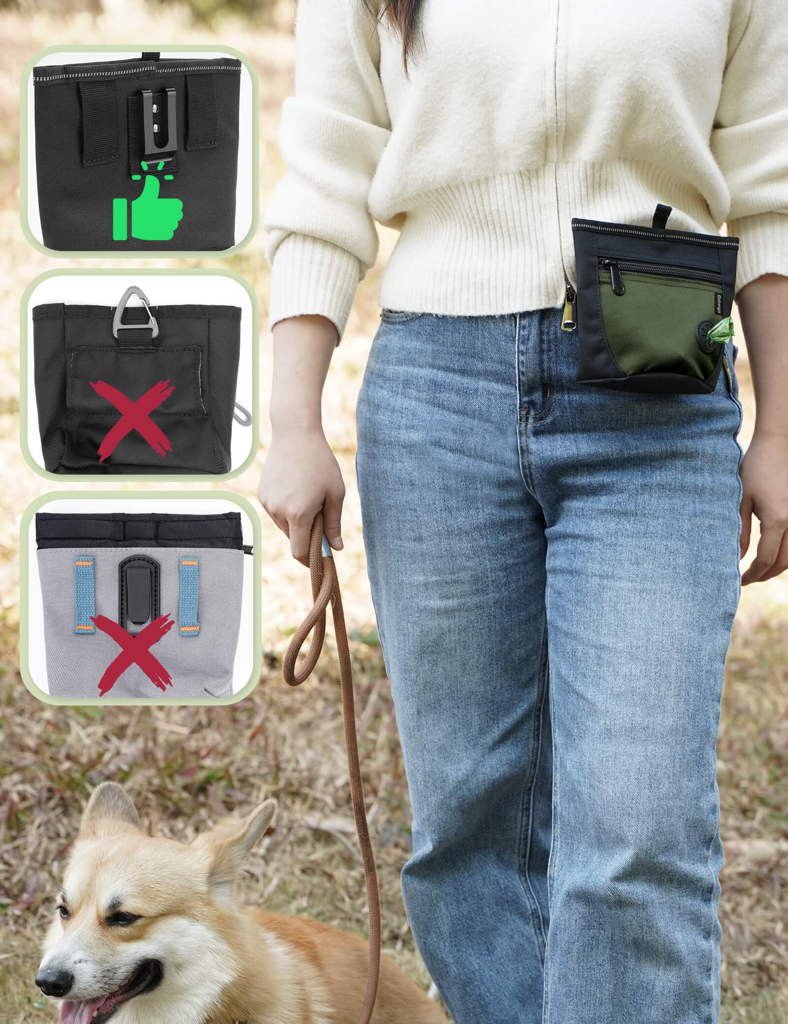 Bolsa de premios para perros y clicker de entrenamiento Gobeigo, dos cierres magnéticos mejorados para evitar derrames, bolsa de premios de 2 tazas con dispensador de bolsas para excrementos, bolsa de