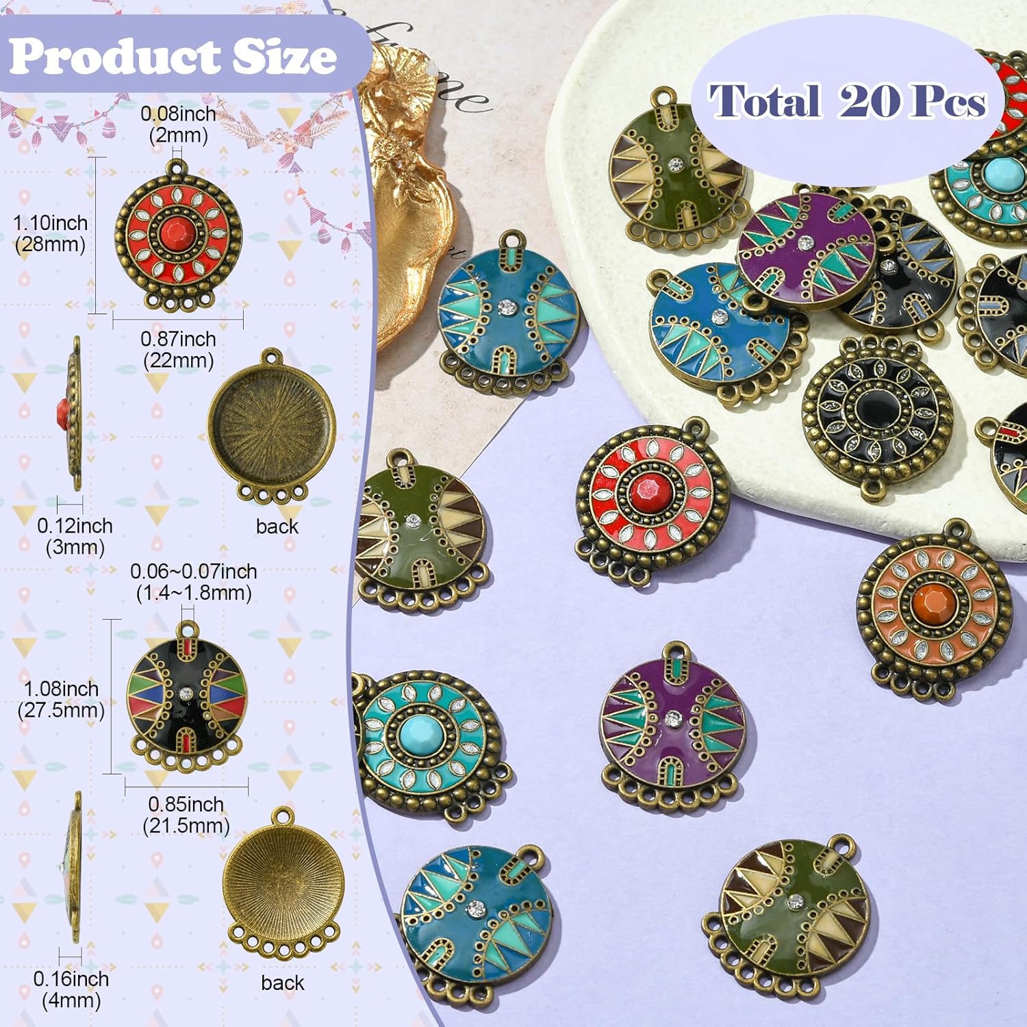KitBeads 16pcs 8 Styles Enamel Boho Charmss Antique Bronze Flat Round Connector Charms Rhinestone Boho Chandelier Charms for Jewelry Making Bulk - Image 2