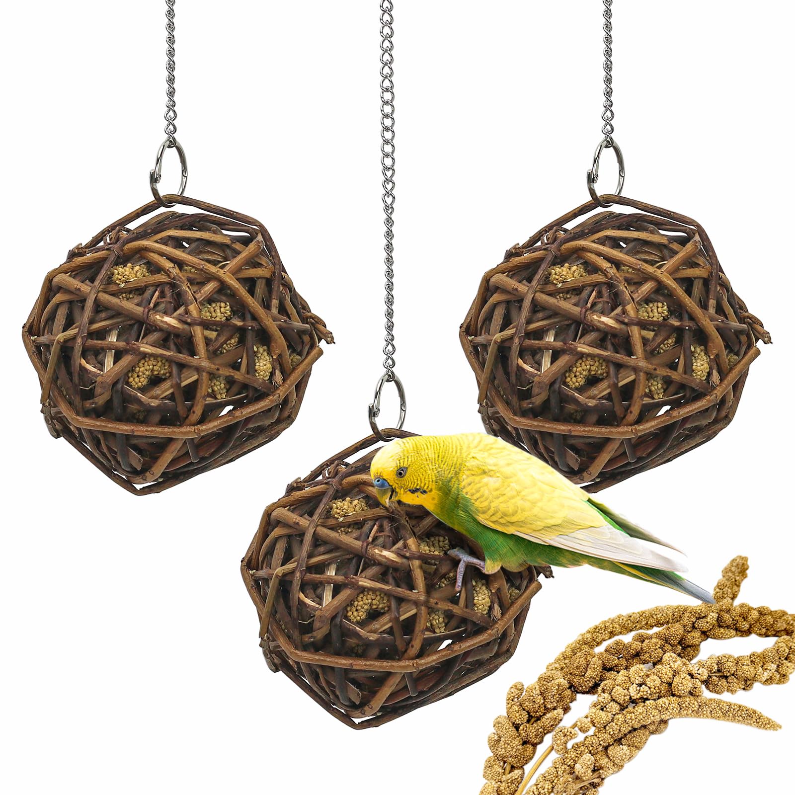 suruikei 3 Stück Kolbenhirse gefüllte Weidenkugel-für Vögel zum Kauen und Klettern – handgefertigt – Vogelkauspielzeug – für Papageien, Wellensittiche, Nymphensittiche, Kakadu (10cm)