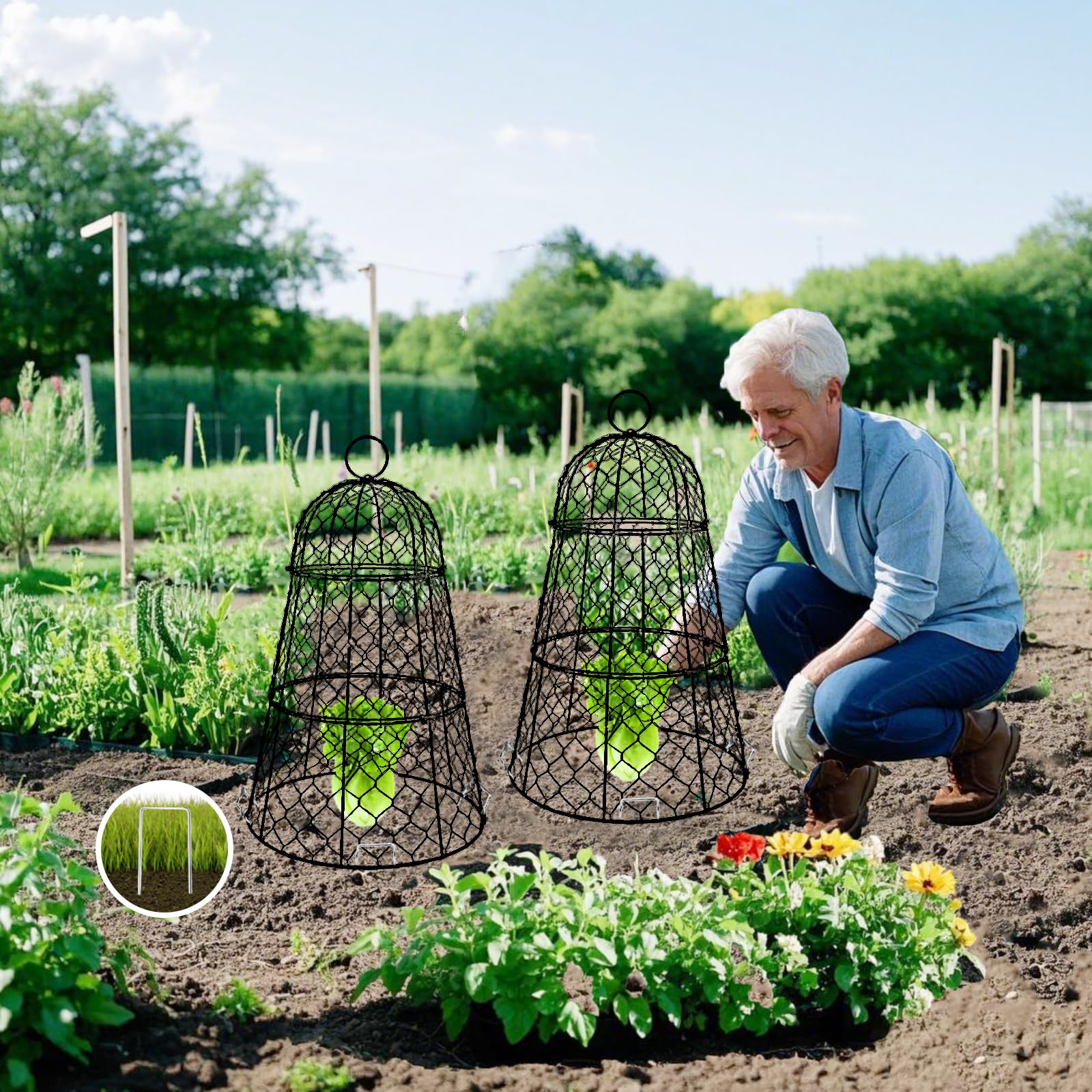 Lot de 3 housses de protection en fil de fer pour plantes, 45 cm x 29 cm, antirouille et robuste, avec piquets et étiquettes, cloches de jardin modulaires pour semis, fleurs, légumes, protéger des