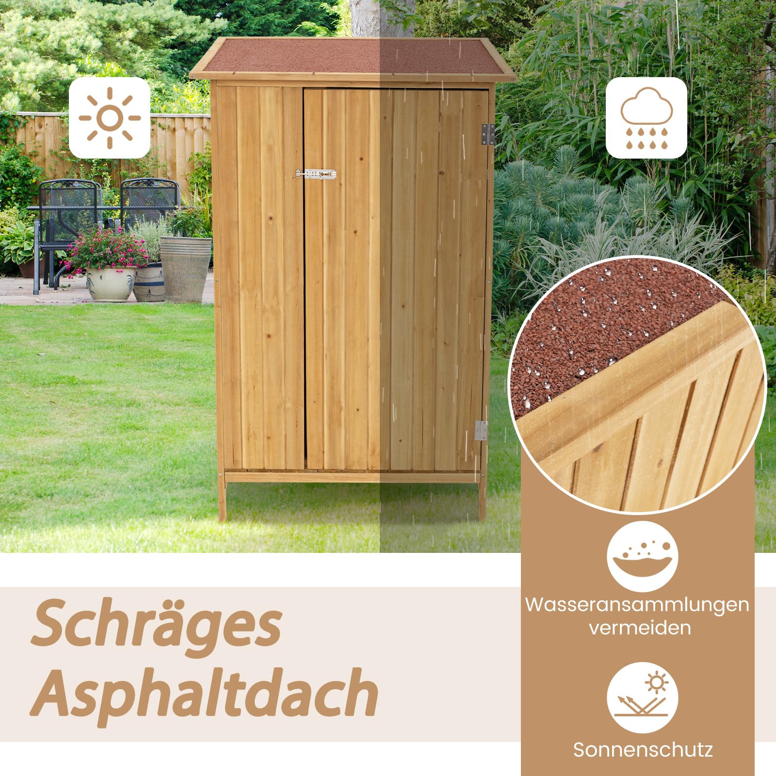 COSTWAY Gartenschrank Holz, Geräteschuppen mit Asphalt-Dach & 3 Regalen & 5 Haken, Gerätehaus mit Abschließbare Tür, Outdoor Gartenhaus für Hinterhof, Terrasse, 91 x 66 x 150 cm