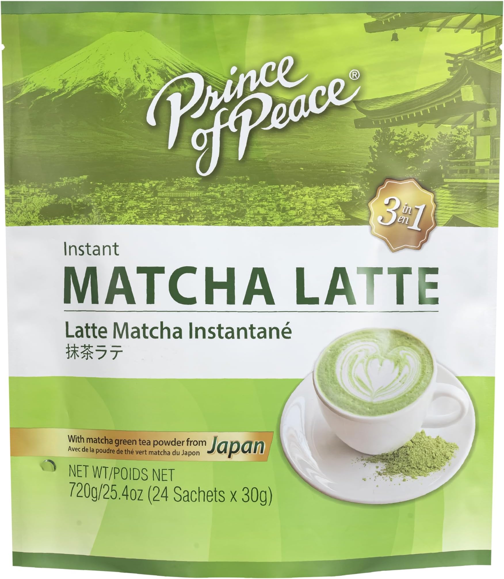 Prince of Peace 3 in 1 Matcha Latte Instant Beverage, 24 Sachets – Made with Matcha Powder from Japan - Instant Hot or Cold Beverage – Easy to Brew – Rich and Creamy Taste – Just Add Water