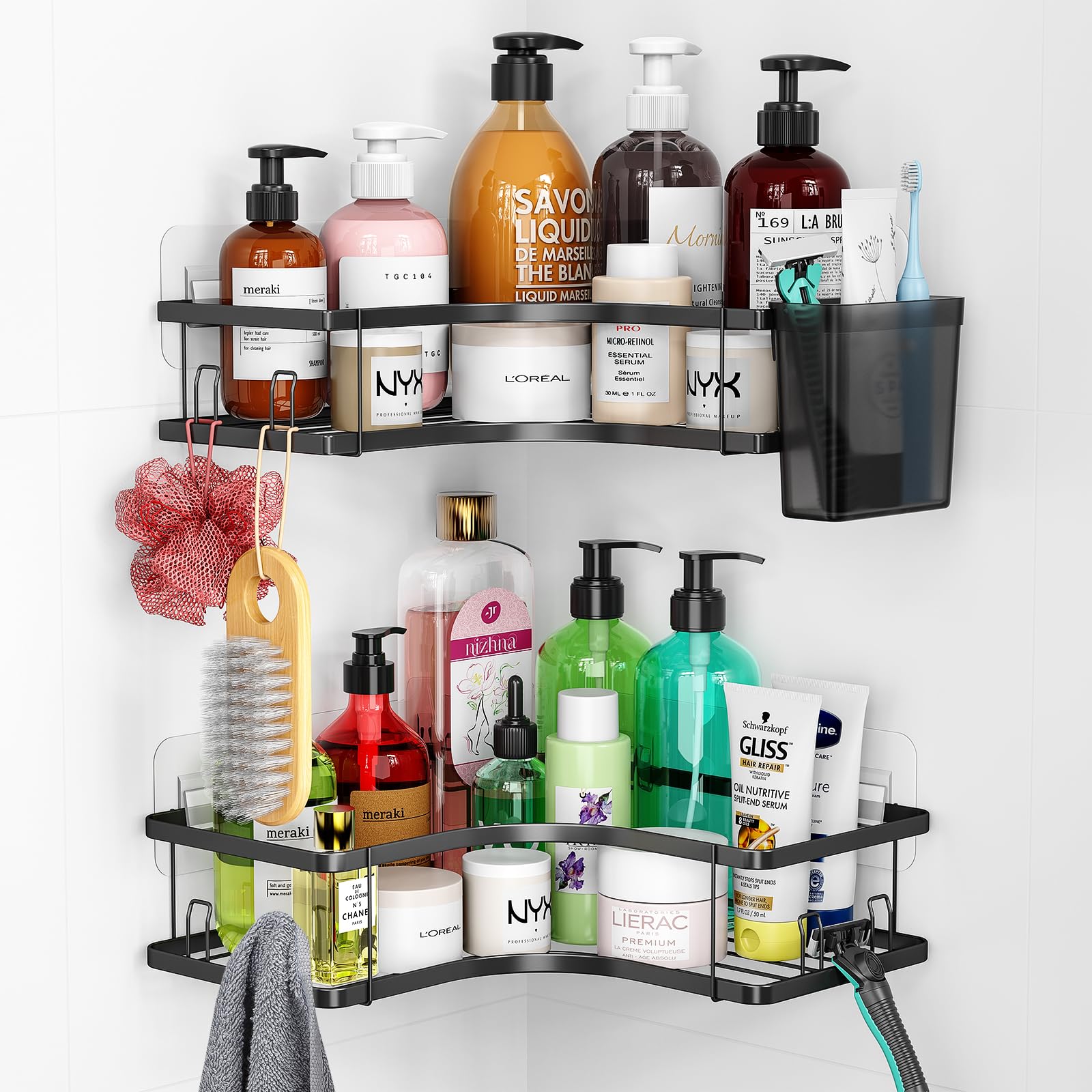 Radikor 2 Piezas Estanteria Baño, Estanteria Ducha de Esquina, Acero Inoxidable sin Taladro, Accesorios Ducha con 8 Gancho, 5 Adhesivos y 1 Cajas de Almacenamiento, Organizador de Baño - Negro