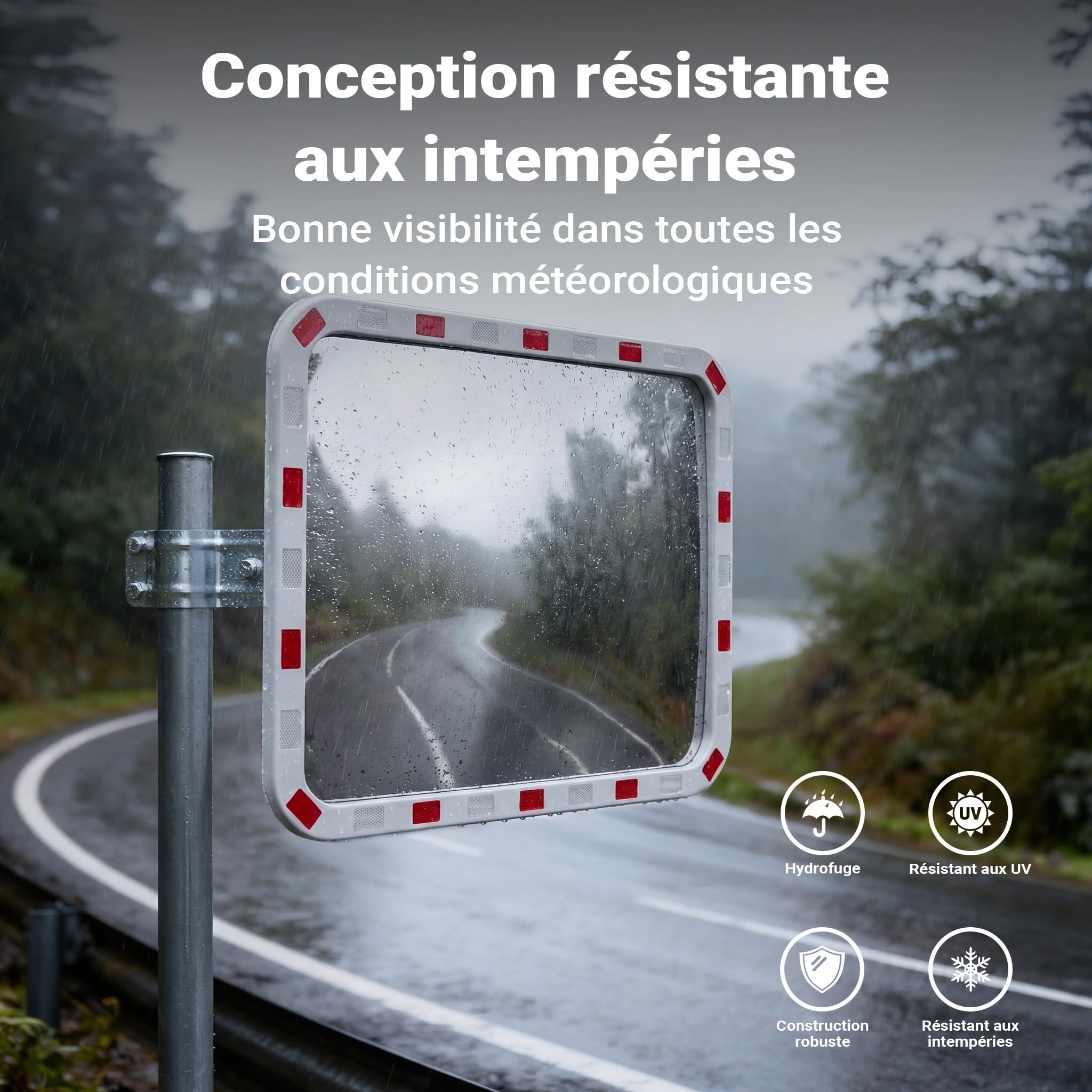 Wiltec Miroir routier 70 x 90 cm convexe, miroir de sécurité carré avec bandes réfléchissantes rouges et blanches, miroir convexe incassable en plastique, miroir de surveillance pour sorties