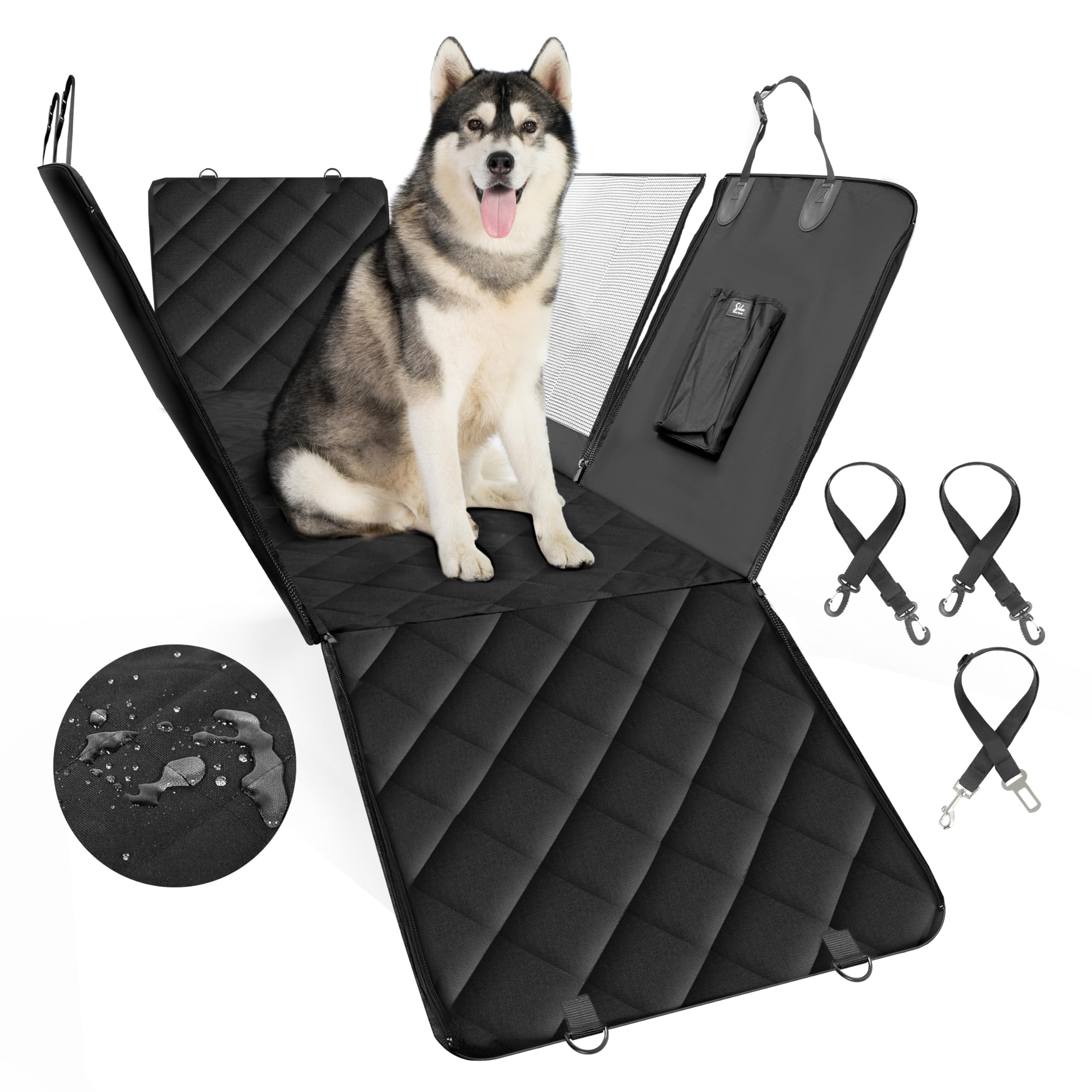 Simple Deluxe Dog Car Seat Cover, Waterproof with Mesh Window and 3 Storage Pocket, Durable Scratchproof & Nonslip Dog Car Hammock with Universal Size, for Cars, Trucks, SUVs, Standard