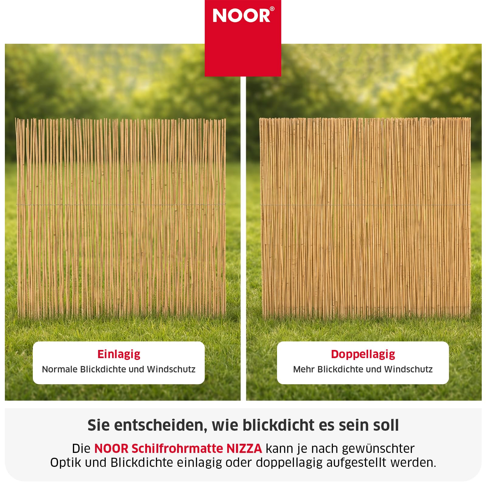 NOOR Schilfrohrmatte NIZZA - Sichtschutzmatte Schilfzaun - Natur 2,0x6,0 m | Natürlicher Sicht- & Windschutz aus Schilfrohr für Garten, Terrasse & Balkon - Zaunblende verwebt mit verzinktem Draht