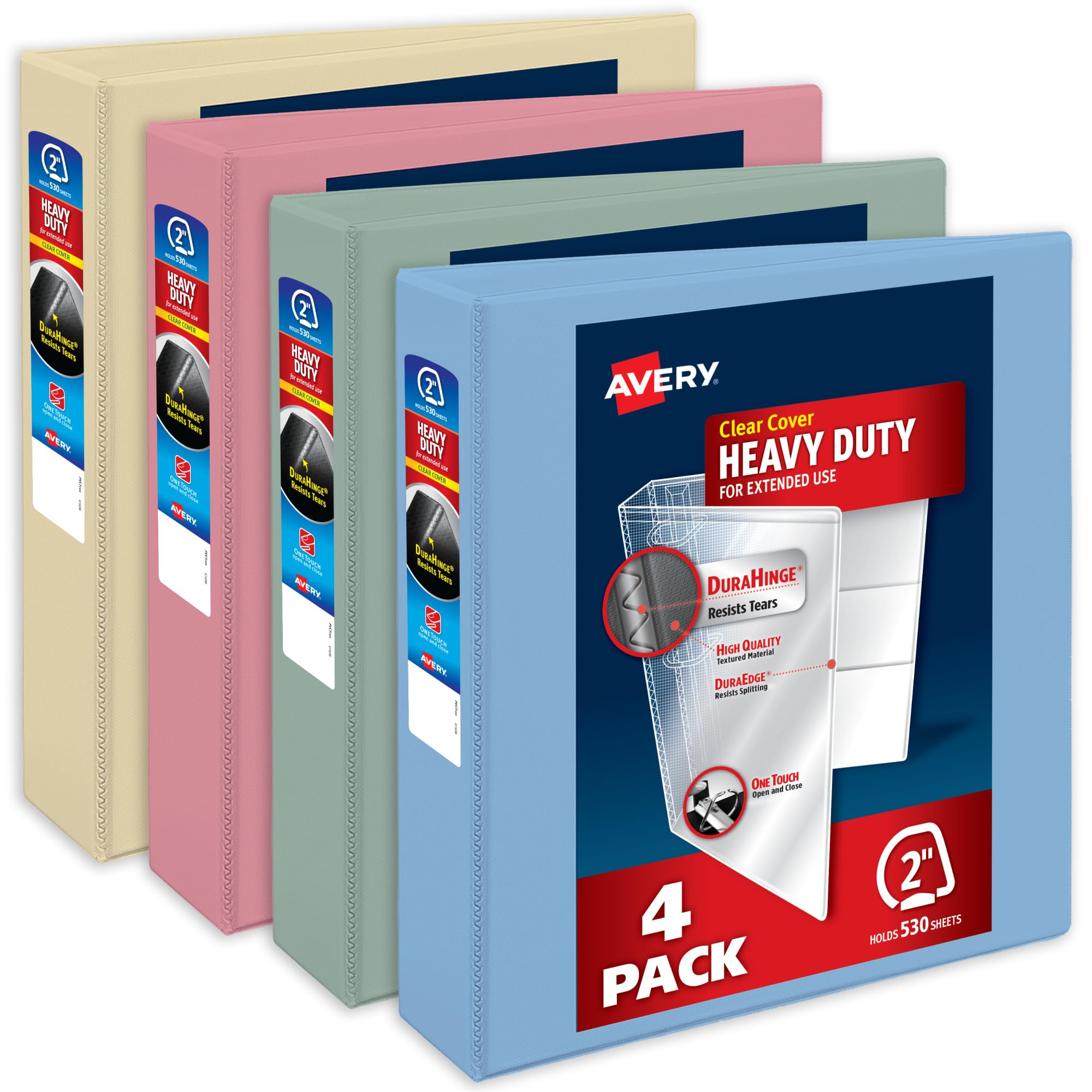 Avery Raccoglitori a 3 anelli resistenti, anelli inclinati One Touch da 5 cm, capacità 530 fogli, DuraHinge, dorso largo 7,1 cm, copertina trasparente e dorso personalizzabili, colori pastello
