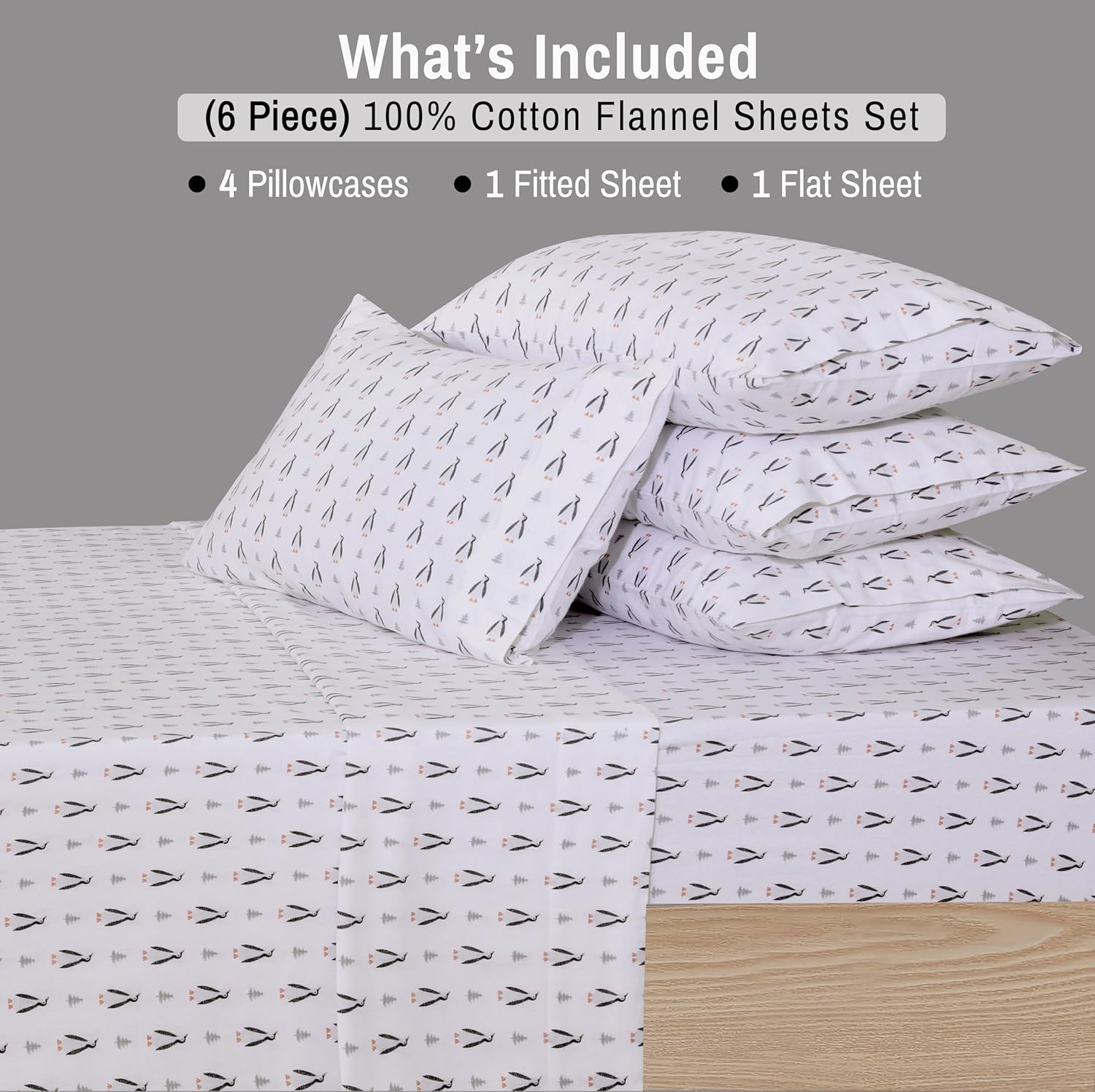 RUVANTI Flannel Sheets Full Size 6 Pcs - 100% Cotton Double Brushed Bed Sheets, Deep Pockets 16 Inches, All Seasons Breathable, Extra Soft & Comfy Full Size Sheets Set, Penguin Sight