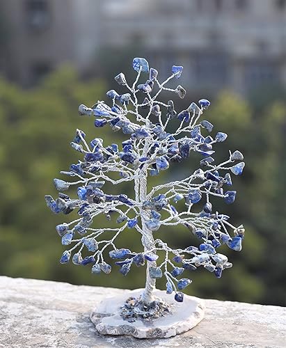 Árbol de la vida de chakras de lapislázuli Árbol de cristal para energía positiva, base de rodajas de ágata geoda, árbol de piedras preciosas hecho