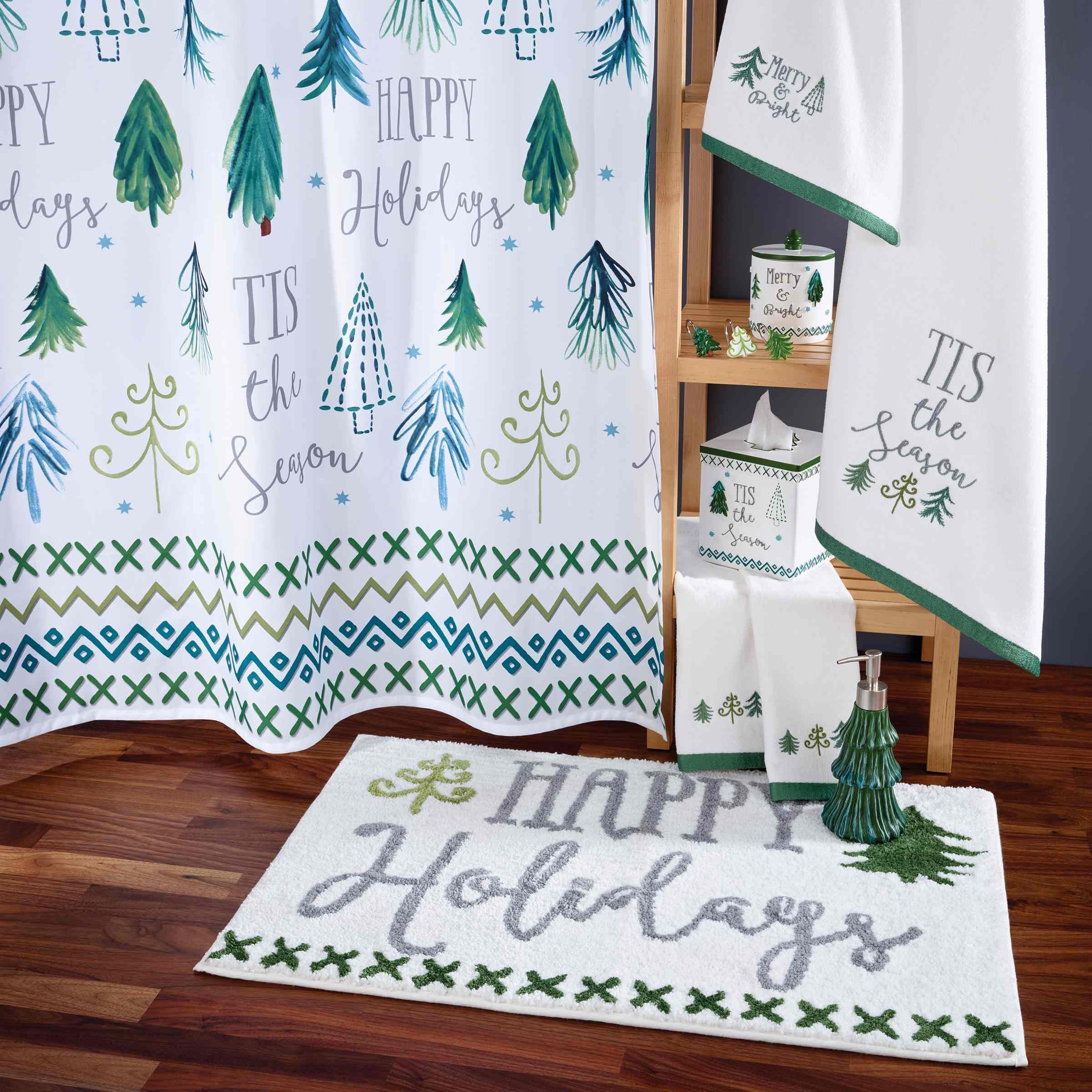 Avanti Weihnachts-Duschvorhang Set Mit 12 Haken - Festliche Bäume-Motiv, 183x183 Cm, Polyester