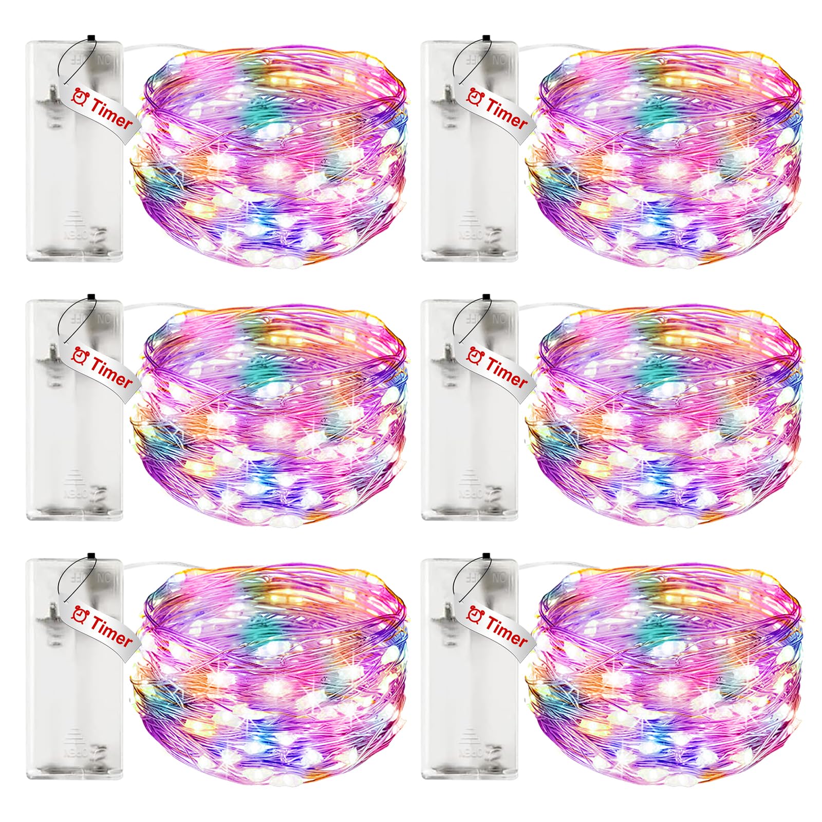 6 Pack Battery Fairy Lights with Timer - 3M/9.8FT 30 LED Copper Wire Fairy String Lights Battery Operated Waterproof Small Christmas Battery Lights Indoor for Bedroom Tree Wedding Party-Multicolor