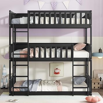 Twin Size Triple Rubber Wood Bunk Bed, Detachable Bunk Bed with Ladders, Guardrails, Twin Over Twin Over Twin for Kids, Black