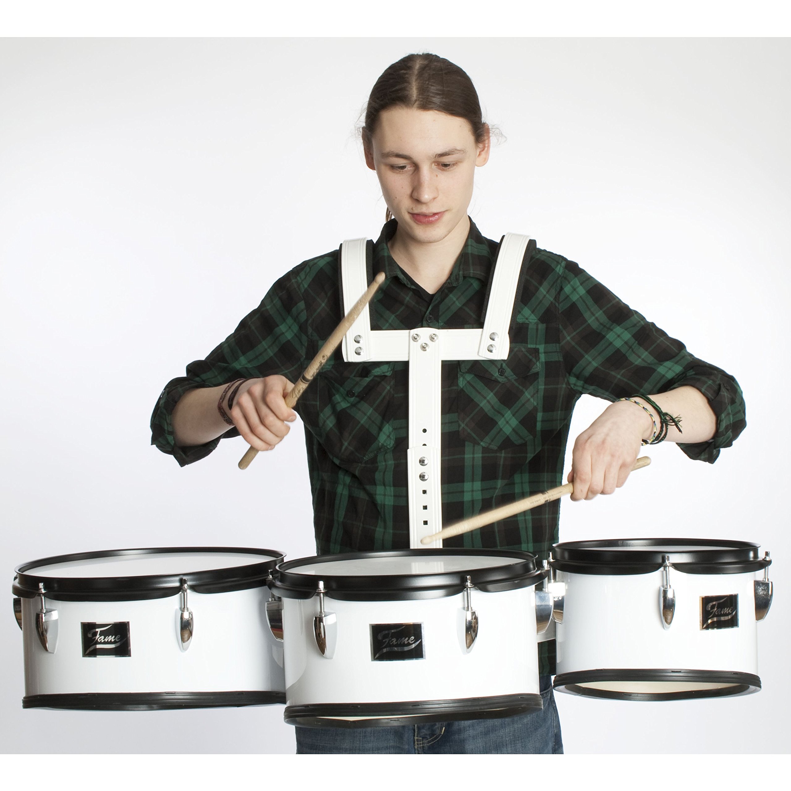 Fame Marching TimpTom Set, Weiß, 10 Zoll, 12 Zoll, 13 Zoll, Leichtgewicht 7.5kg, Linde Kesselmaterial, Kunststoff Fellmaterial, inklusive höhenverstellbares Tragegestell, Ideal für Samba und Karneval