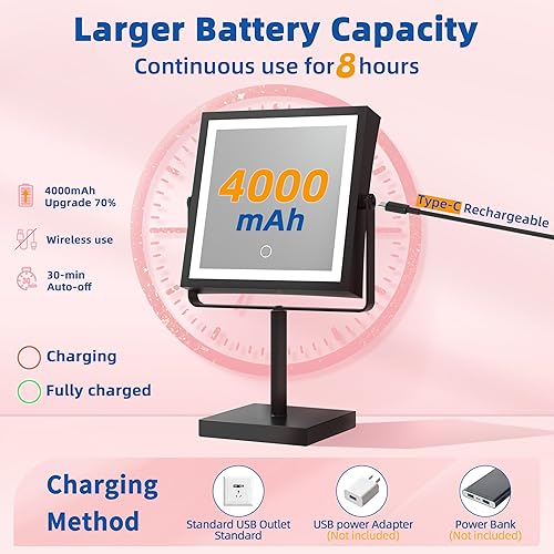 Miniatura 2 de Ruacq Espejo de tocador con luces, altura y brillo ajustables, recargable de 4000 mAh, espejo de maquillaje iluminado con aumento 1X/10X, 3 luces de