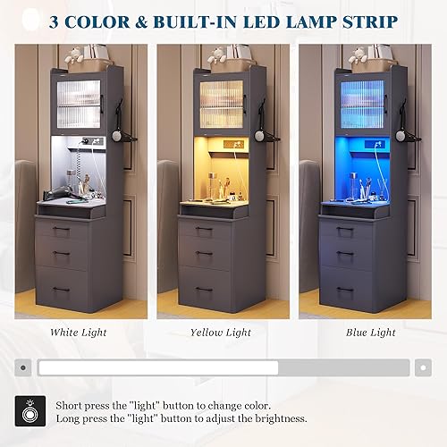 Miniatura 9 de Escritorio de tocador con espejo abatible y luces, tocador de maquillaje con estación de carga, juego de tocador LED con cajonestabureteorganizador