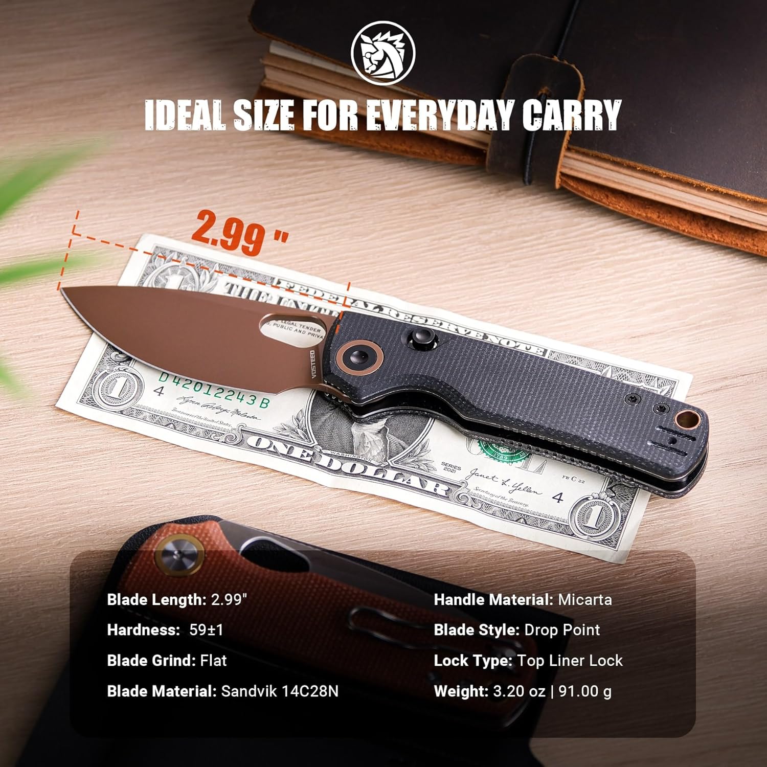 Vosteed Porcupine - EDC Pocket Knife, 2.99’’ 14C28N Steel Rose Gold Blade, Top Liner Lock Micarta Handle - Lightweight Folding knives with Clip for Men & Women Camping Outdoor-A2602