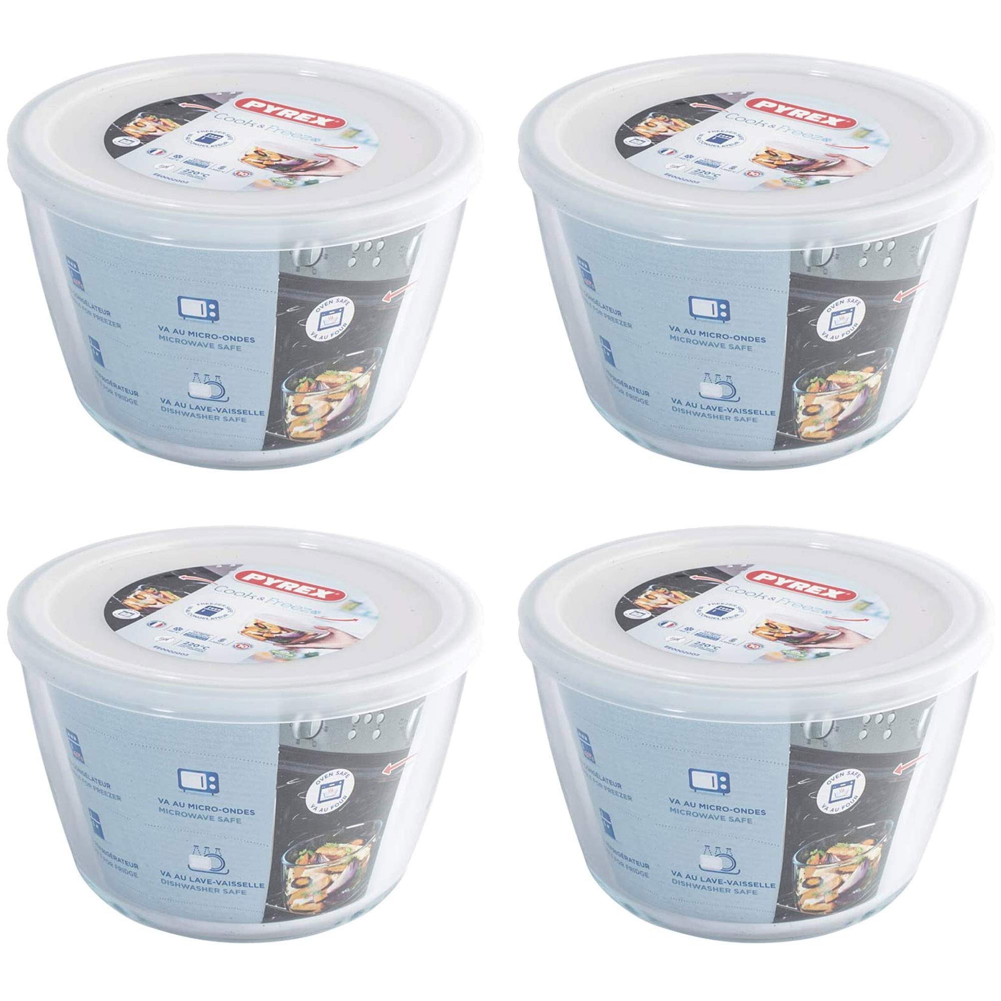 Pyrex White Microwave Safe Classic Round Glass Dish With Plastic Lid 1.7 Litre (Pack Of 4)