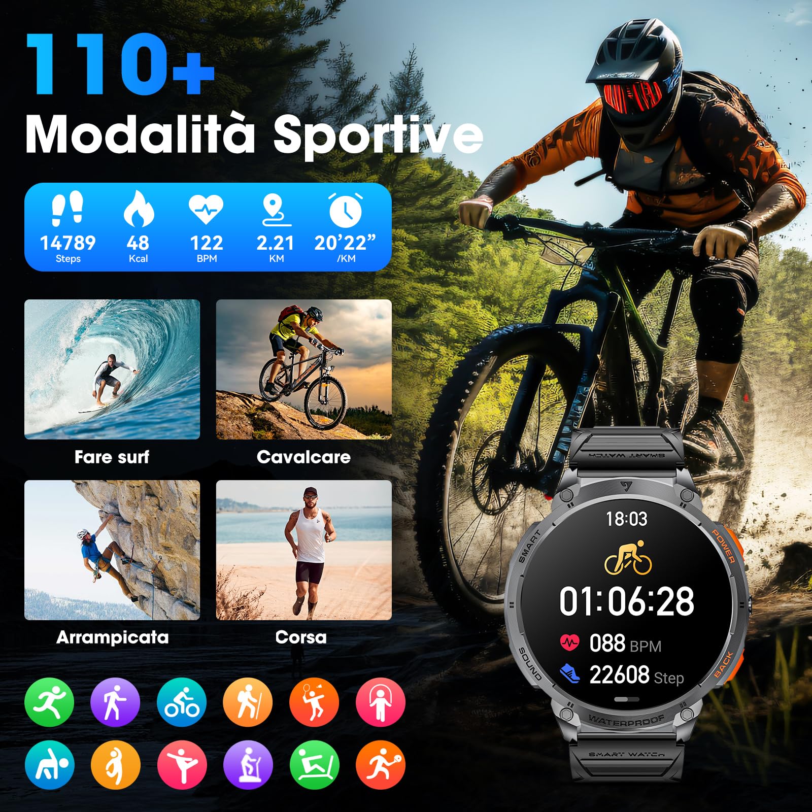 Smartwatch Uomo 1.85" HD 730mAh Orologio Smartwatch con Torcia LED Militare Smartwatch Compatibile iOS Android (Risposta alle Chiamate Bluetooth) Smart Watch con Sonno/Cardiofrequenzimetro